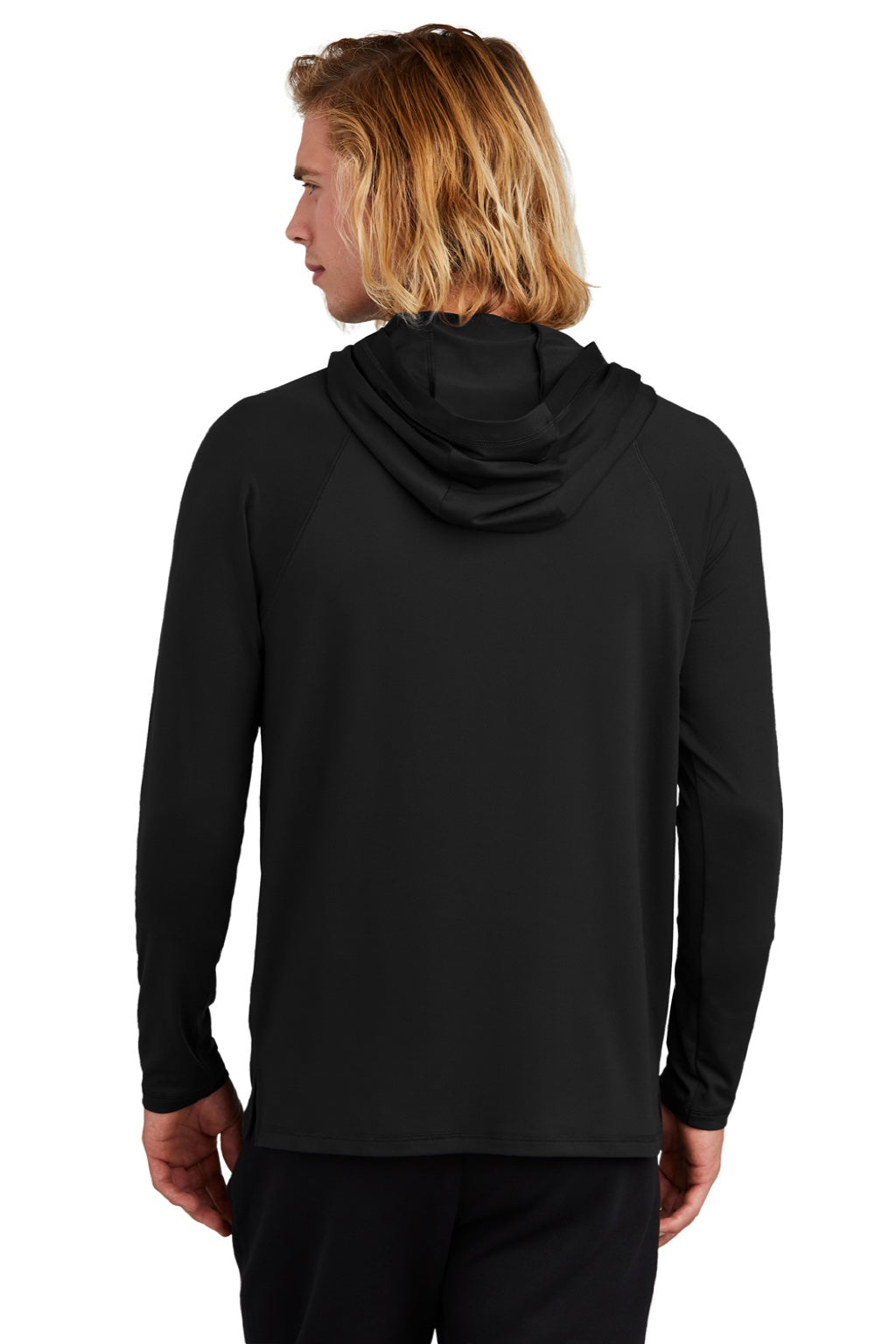 New Era NEA229 Mens Power Moisture Wicking Long Sleeve Hooded T-Shirt Hoodie Black Model Back