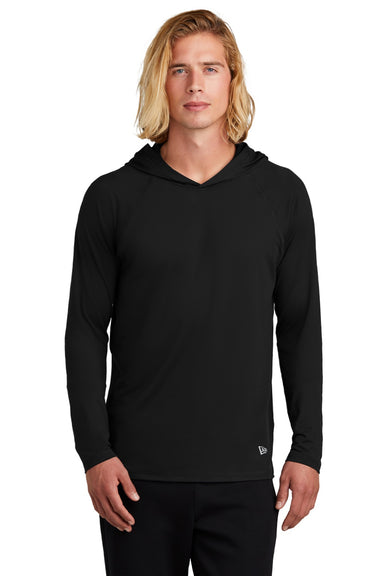 New Era NEA229 Mens Power Moisture Wicking Long Sleeve Hooded T-Shirt Hoodie Black Model Front