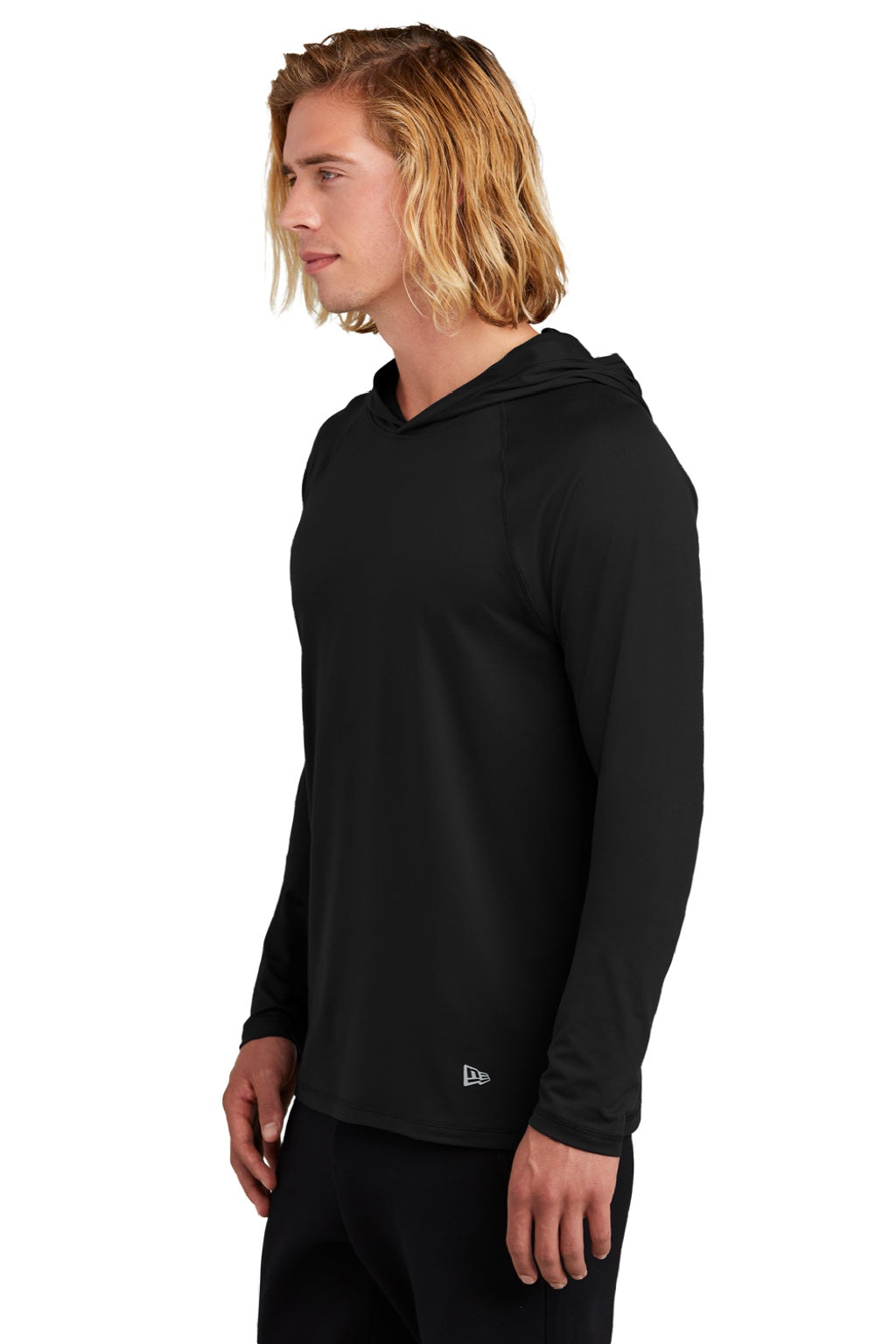 New Era NEA229 Mens Power Moisture Wicking Long Sleeve Hooded T-Shirt Hoodie Black Model Side