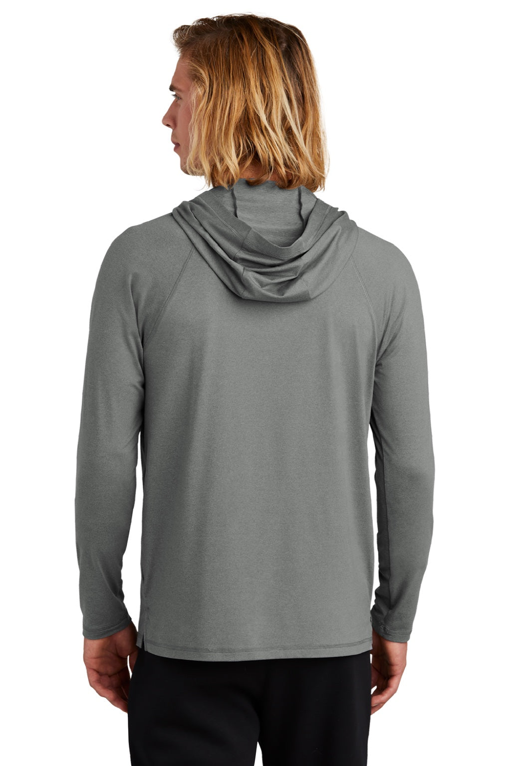 New Era NEA229 Mens Power Moisture Wicking Long Sleeve Hooded T-Shirt Hoodie Heather Shadow Grey Model Back