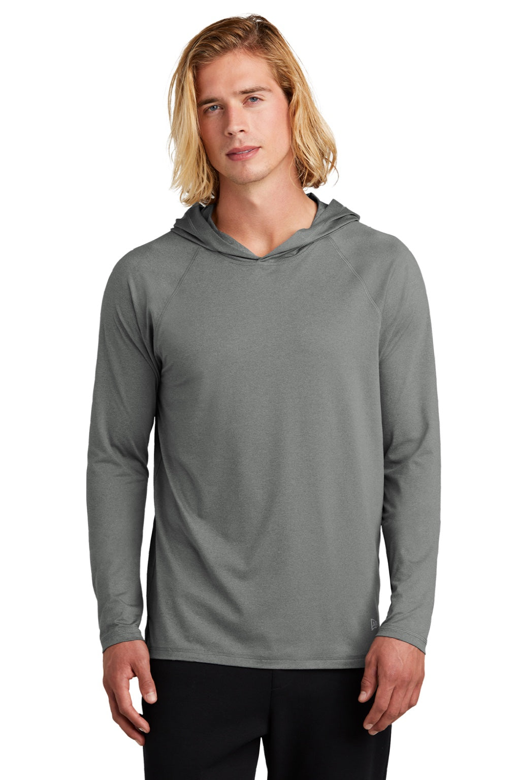 New Era NEA229 Mens Power Moisture Wicking Long Sleeve Hooded T-Shirt Hoodie Heather Shadow Grey Model Front