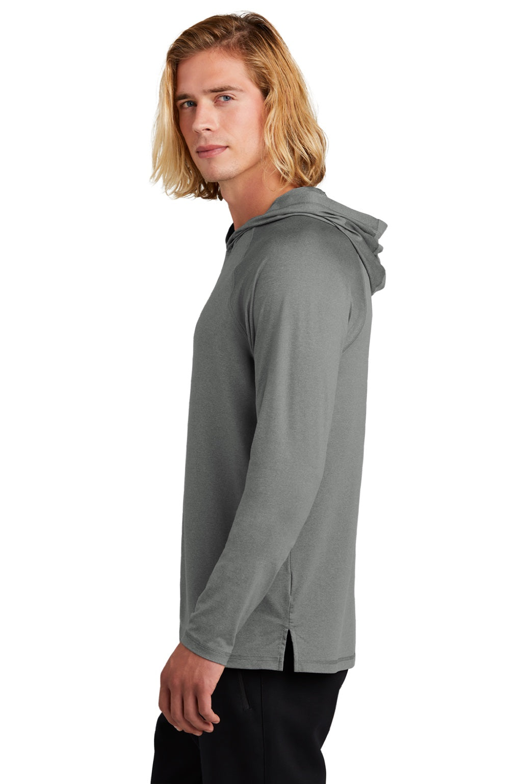 New Era NEA229 Mens Power Moisture Wicking Long Sleeve Hooded T-Shirt Hoodie Heather Shadow Grey Model Side