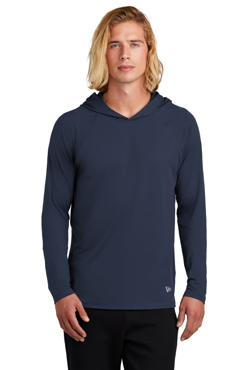 New Era NEA229 Mens Power Moisture Wicking Long Sleeve Hooded T-Shirt Hoodie True Navy Blue Model Front