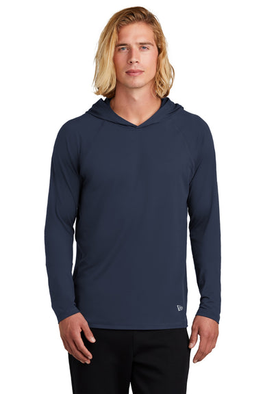 New Era NEA229 Mens Power Moisture Wicking Long Sleeve Hooded T-Shirt Hoodie True Navy Blue Model Front