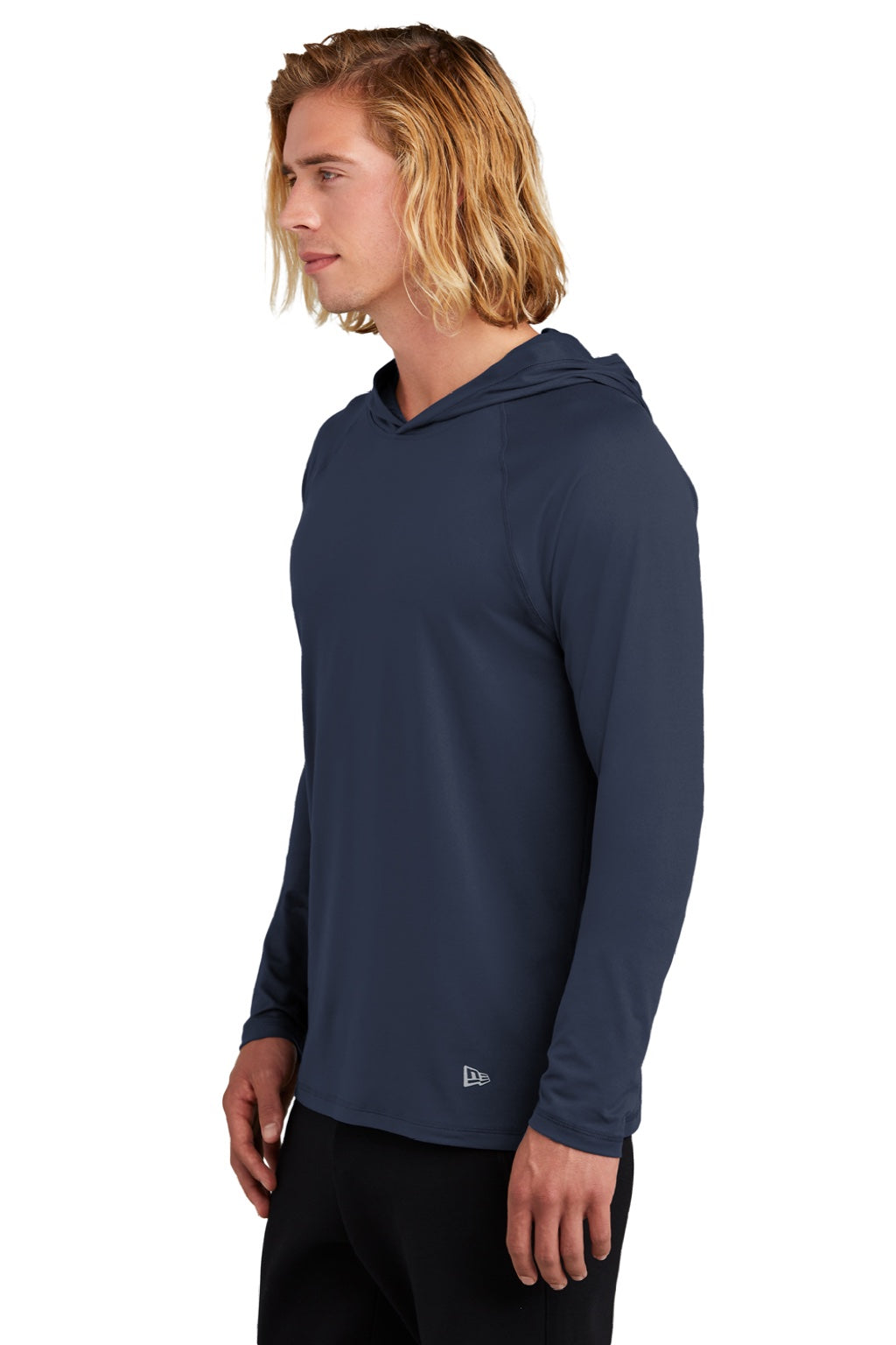 New Era NEA229 Mens Power Moisture Wicking Long Sleeve Hooded T-Shirt Hoodie True Navy Blue Model Side