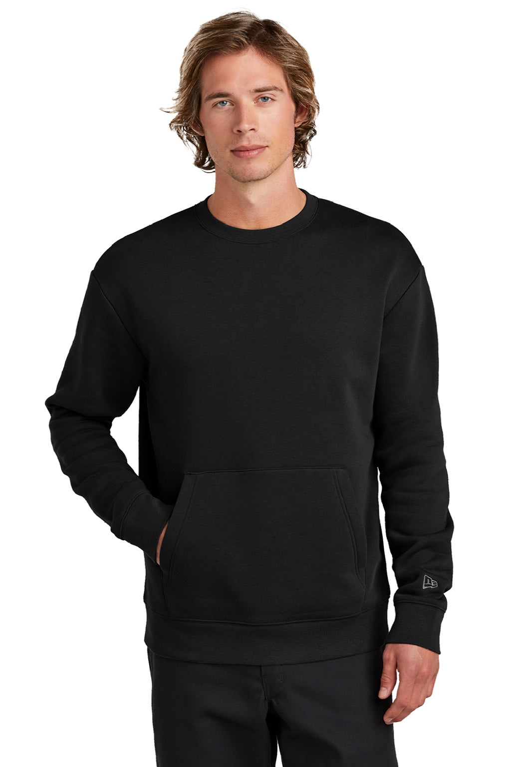New Era NEA527 Mens Heritage Fleece Crewneck Sweatshirt w/ Pocket Black Model Front