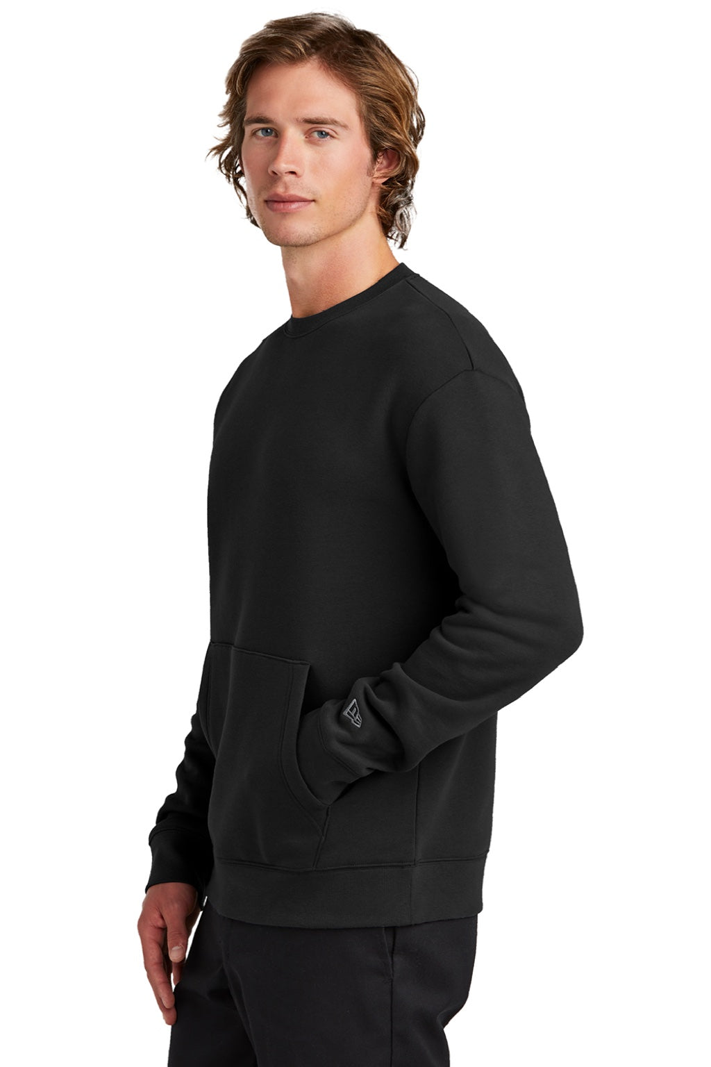 New Era NEA527 Mens Heritage Fleece Crewneck Sweatshirt w/ Pocket Black Model Side