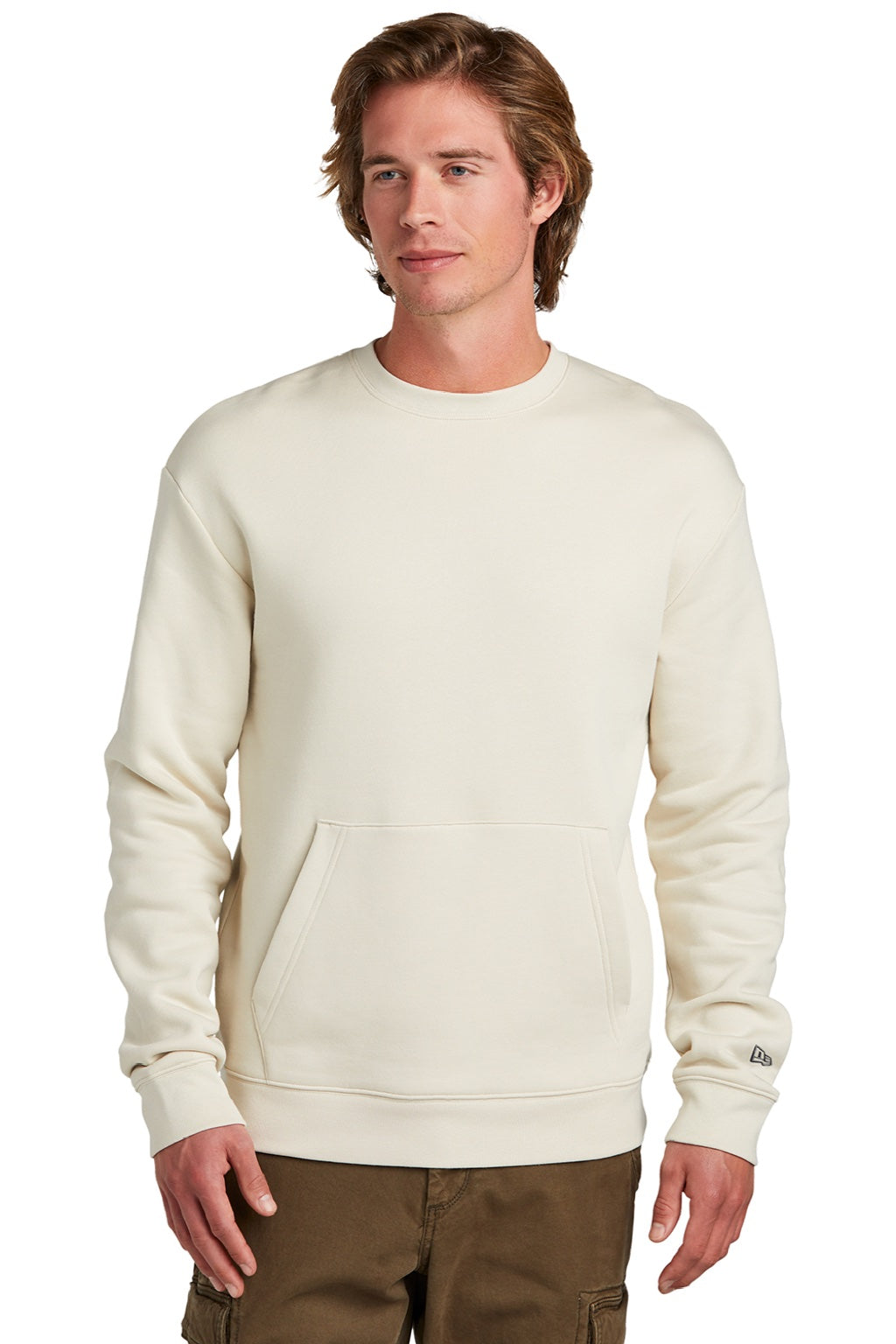 New Era NEA527 Mens Heritage Fleece Crewneck Sweatshirt w/ Pocket Soft Beige Model Front