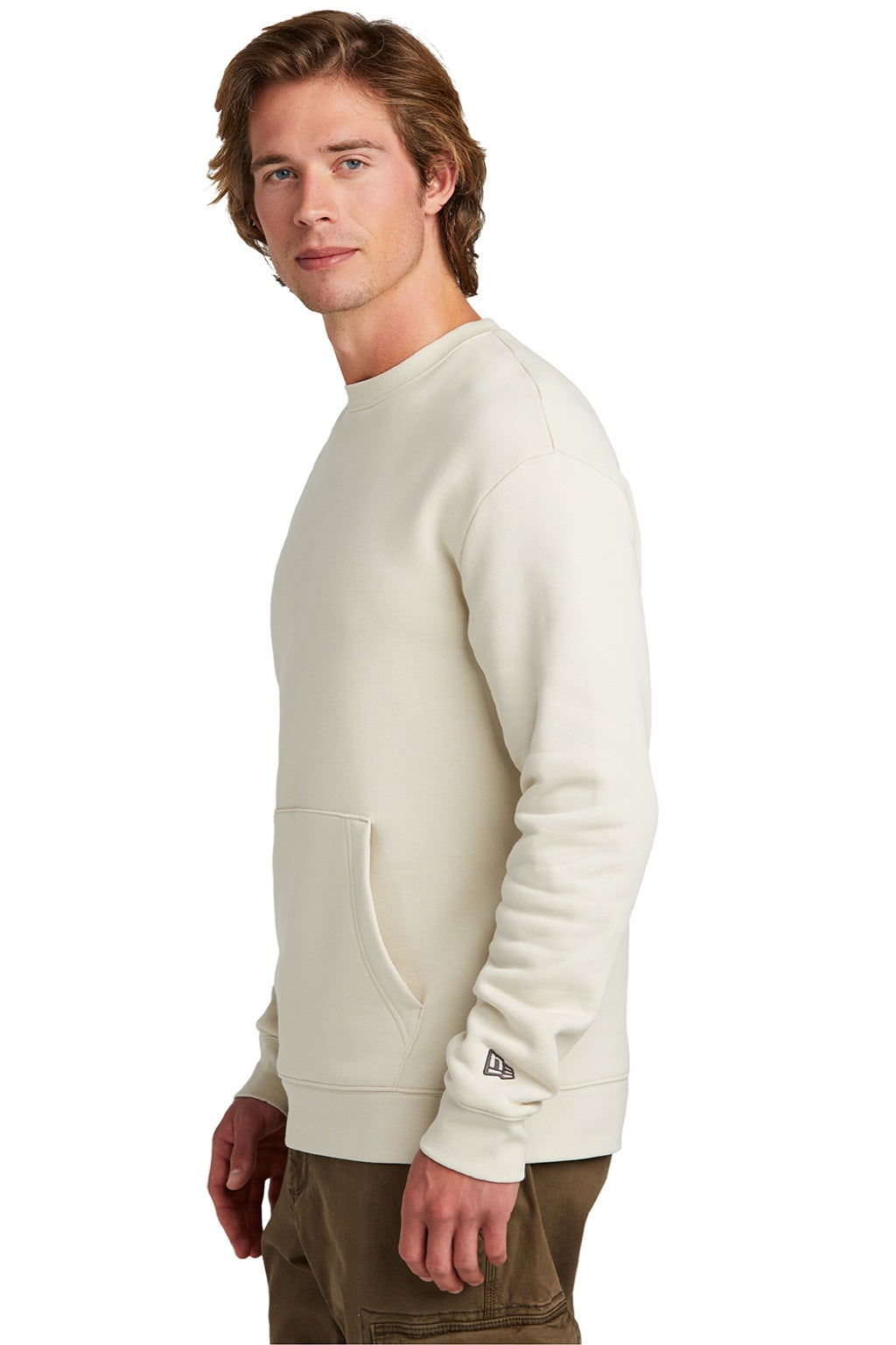 New Era NEA527 Mens Heritage Fleece Crewneck Sweatshirt w/ Pocket Soft Beige Model Side