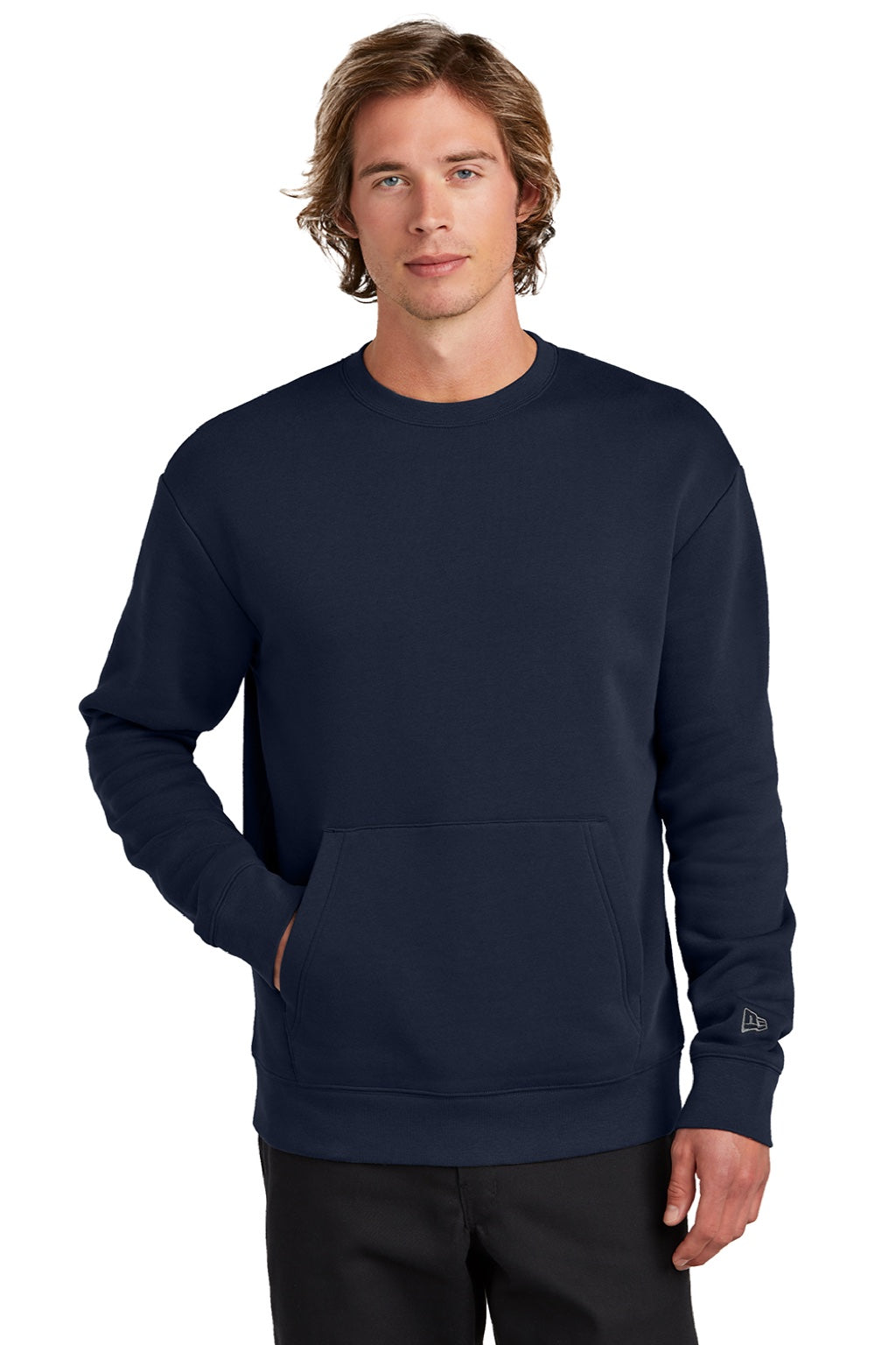 New Era NEA527 Mens Heritage Fleece Crewneck Sweatshirt w/ Pocket True Navy Blue Model Front