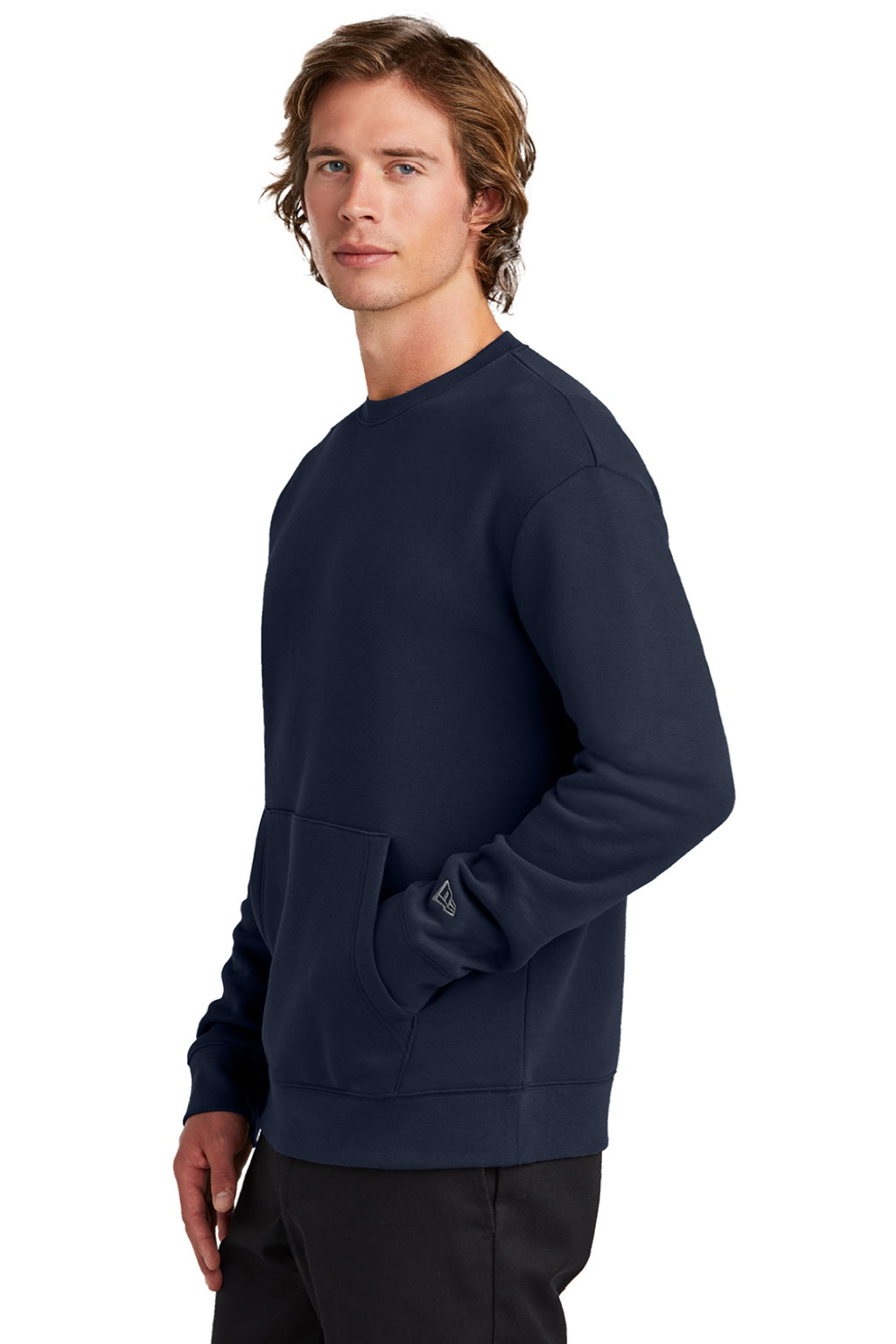 New Era NEA527 Mens Heritage Fleece Crewneck Sweatshirt w/ Pocket True Navy Blue Model Side