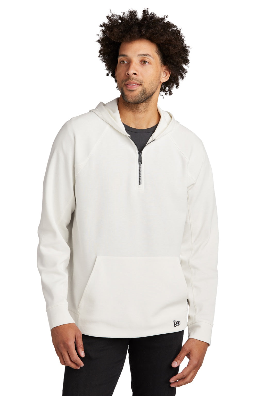 New Era NEA541 Mens STS 1/4 Zip Hooded Sweatshirt Hoodie w/ Pouch Pocket Fan White Model Front