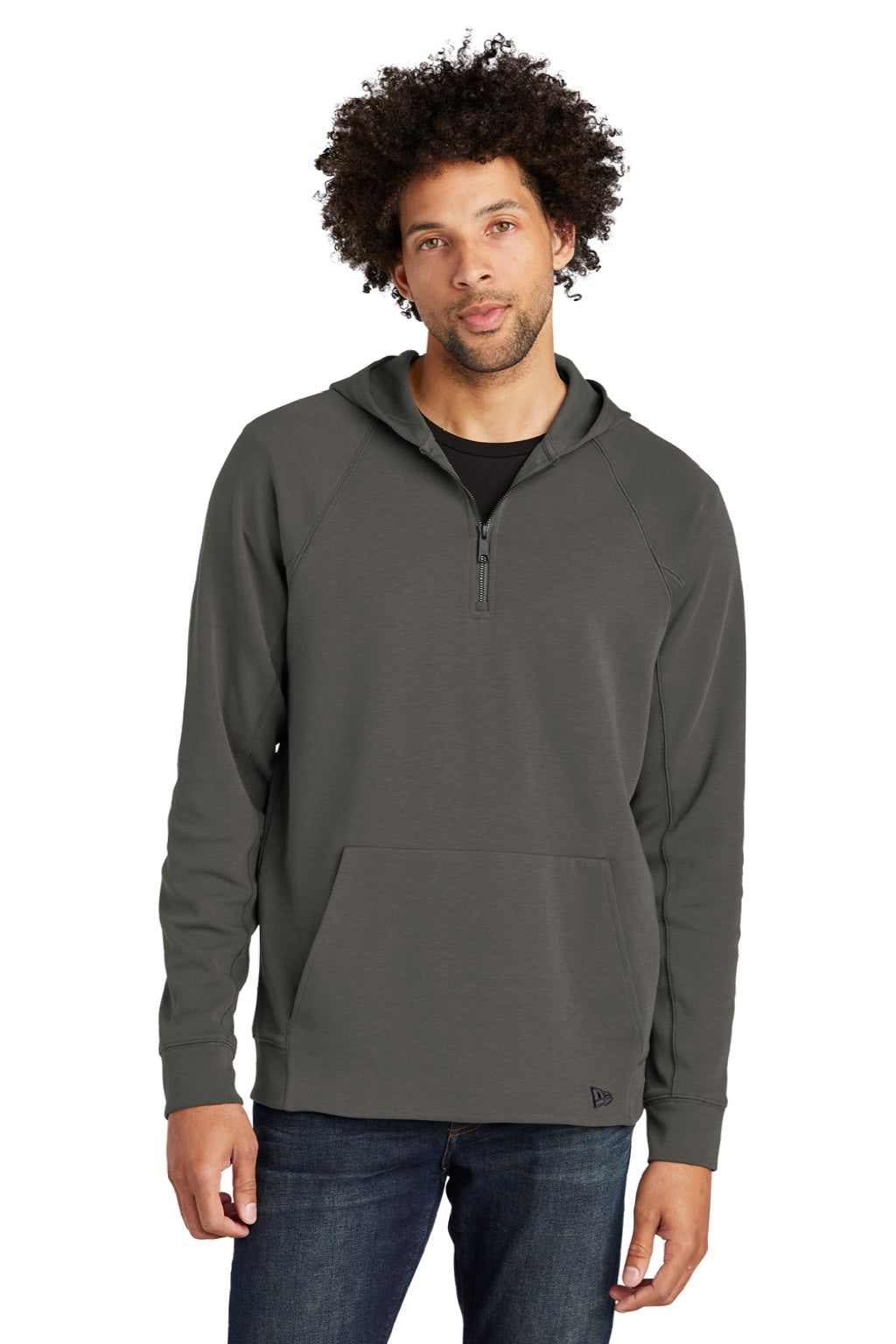 New Era NEA541 Mens STS 1/4 Zip Hooded Sweatshirt Hoodie w/ Pouch Pocket Graphite Grey Model Front
