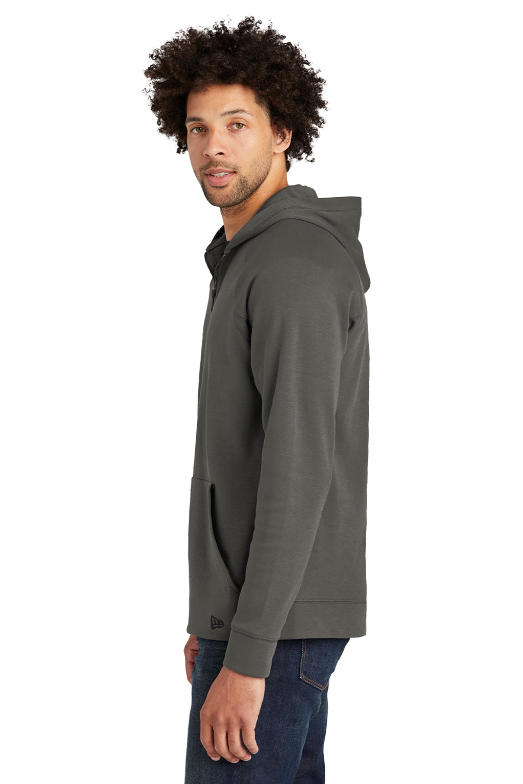 New Era NEA541 Mens STS 1/4 Zip Hooded Sweatshirt Hoodie w/ Pouch Pocket Graphite Grey Model Side