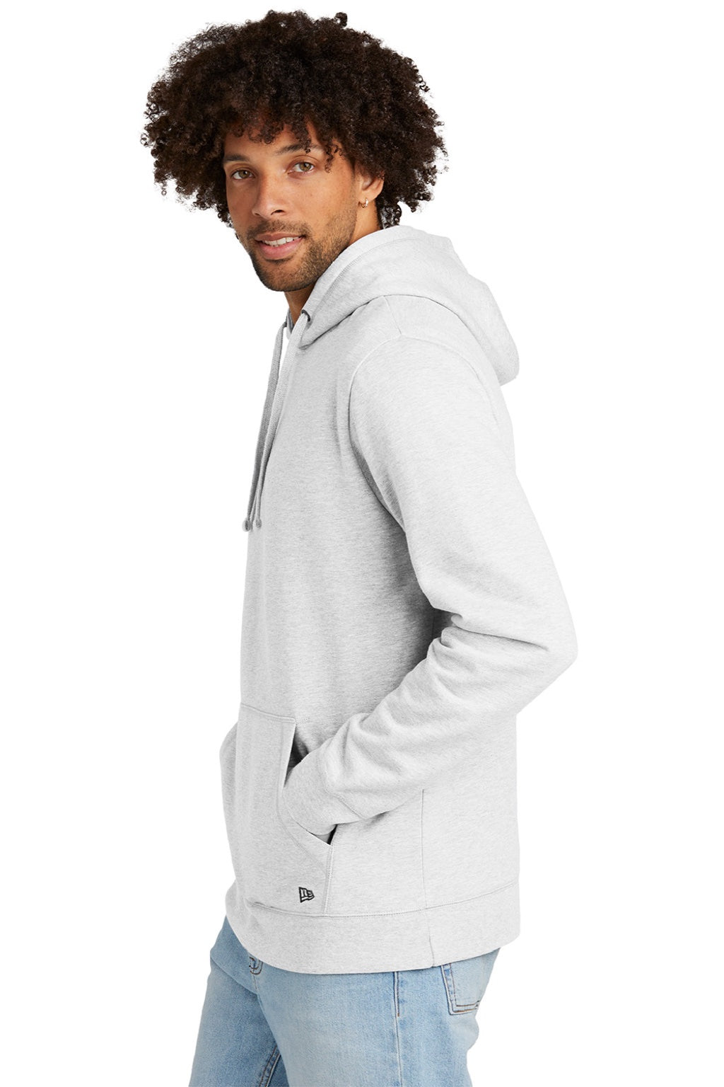 New Era NEA550 Mens Comeback Fleece Hooded Sweatshirt Hoodie w/ Pouch Pocket Ash Grey Model Side
