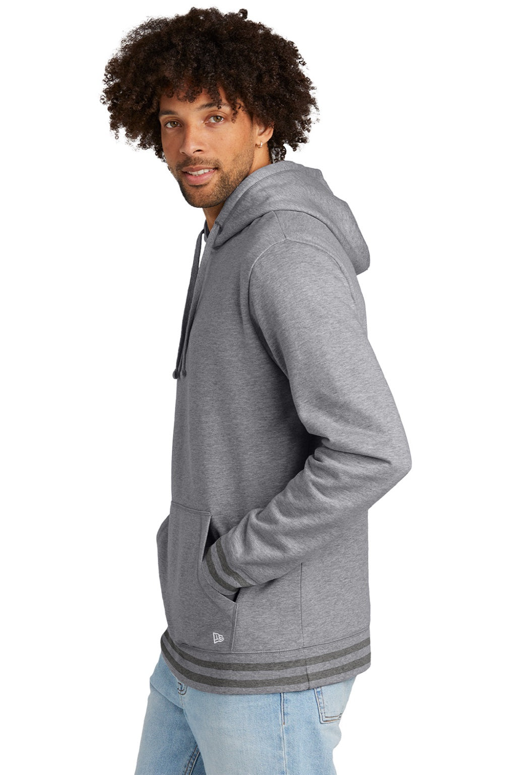 New Era NEA550 Mens Comeback Fleece Hooded Sweatshirt Hoodie w/ Pouch Pocket Heather Grey/Heather Dark Grey Model Side