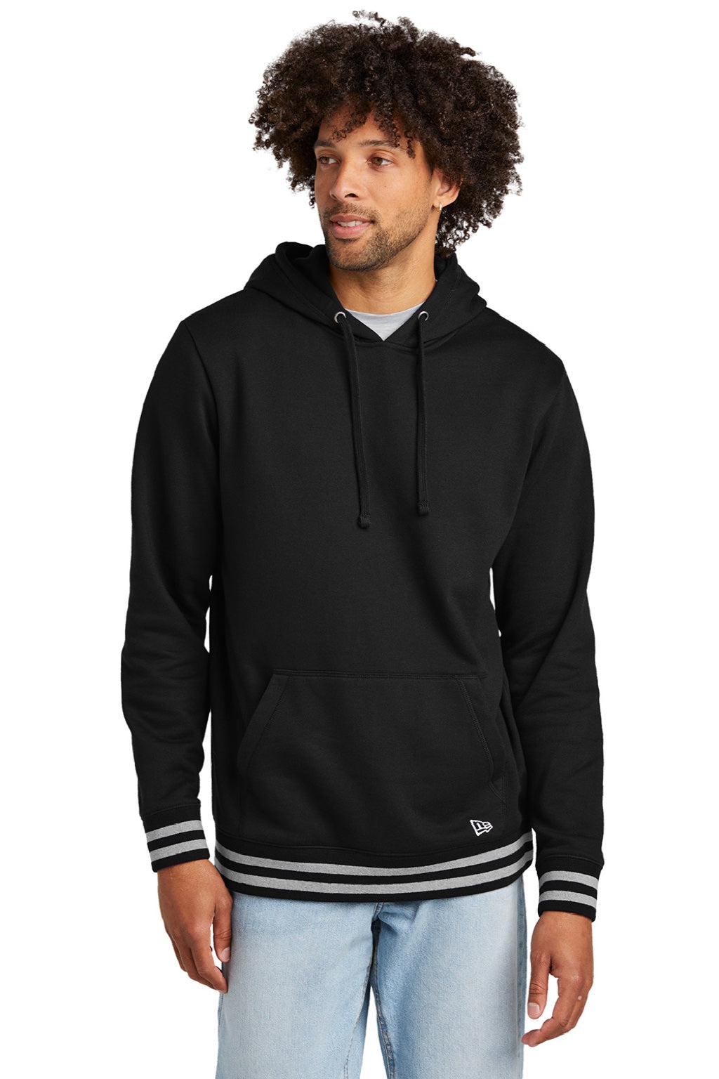 New Era NEA550 Mens Comeback Fleece Hooded Sweatshirt Hoodie w/ Pouch Pocket Black/Heather Grey Model Front