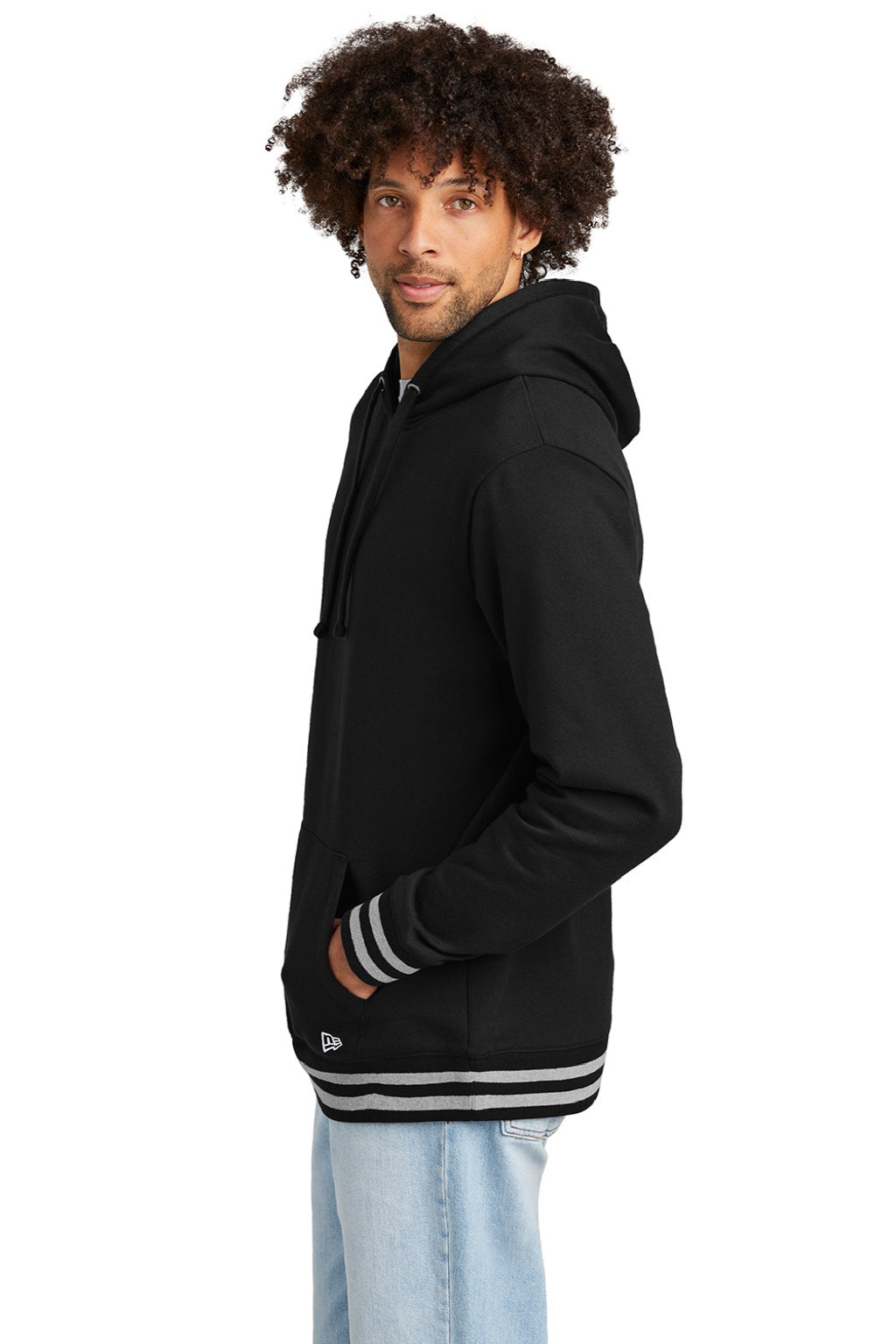 New Era NEA550 Mens Comeback Fleece Hooded Sweatshirt Hoodie w/ Pouch Pocket Black/Heather Grey Model Side