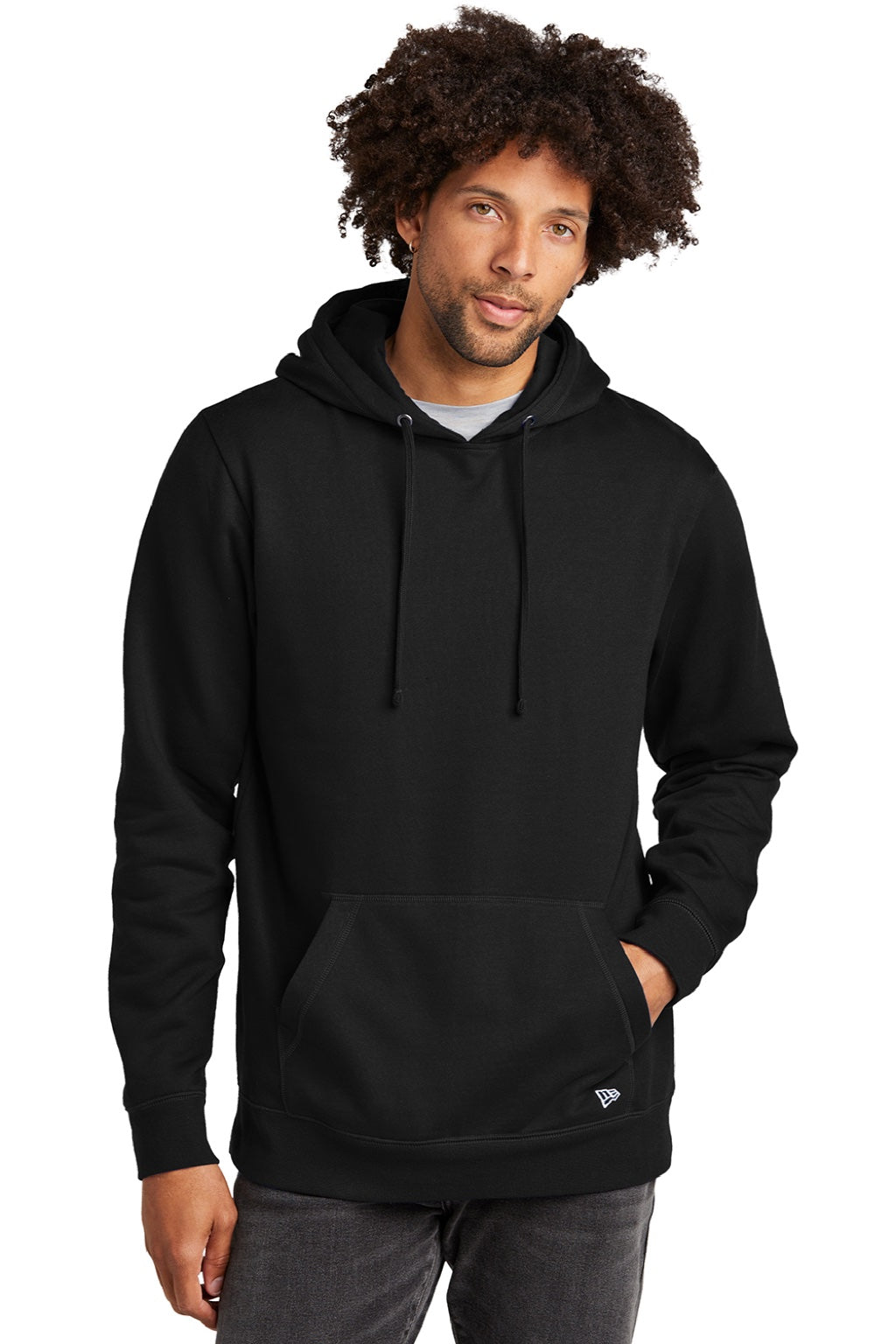 New Era NEA550 Mens Comeback Fleece Hooded Sweatshirt Hoodie w/ Pouch Pocket Black Model Front