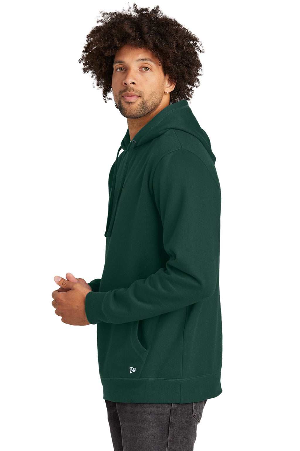 New Era NEA550 Mens Comeback Fleece Hooded Sweatshirt Hoodie w/ Pouch Pocket Dark Green Model Side