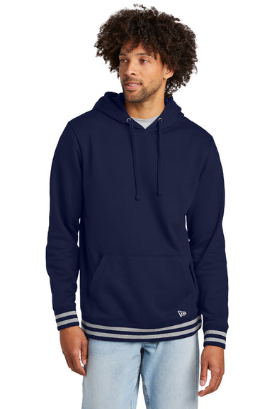 New Era NEA550 Mens Comeback Fleece Hooded Sweatshirt Hoodie w/ Pouch Pocket True Navy Blue/Heather Grey Model Front