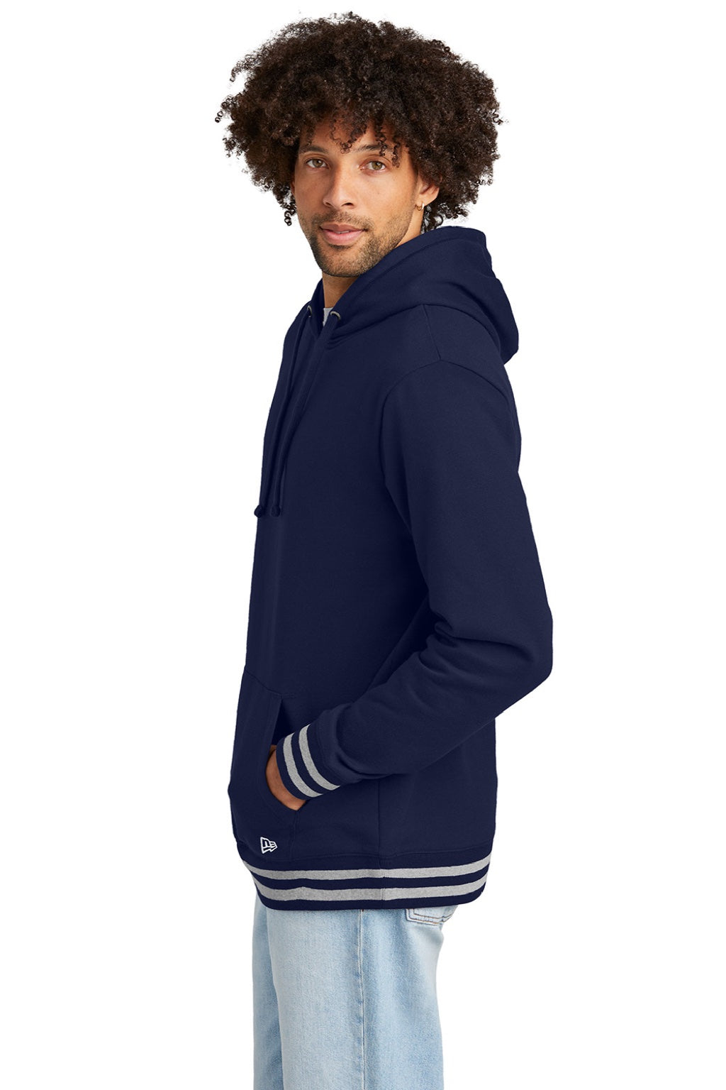 New Era NEA550 Mens Comeback Fleece Hooded Sweatshirt Hoodie w/ Pouch Pocket True Navy Blue/Heather Grey Model Side