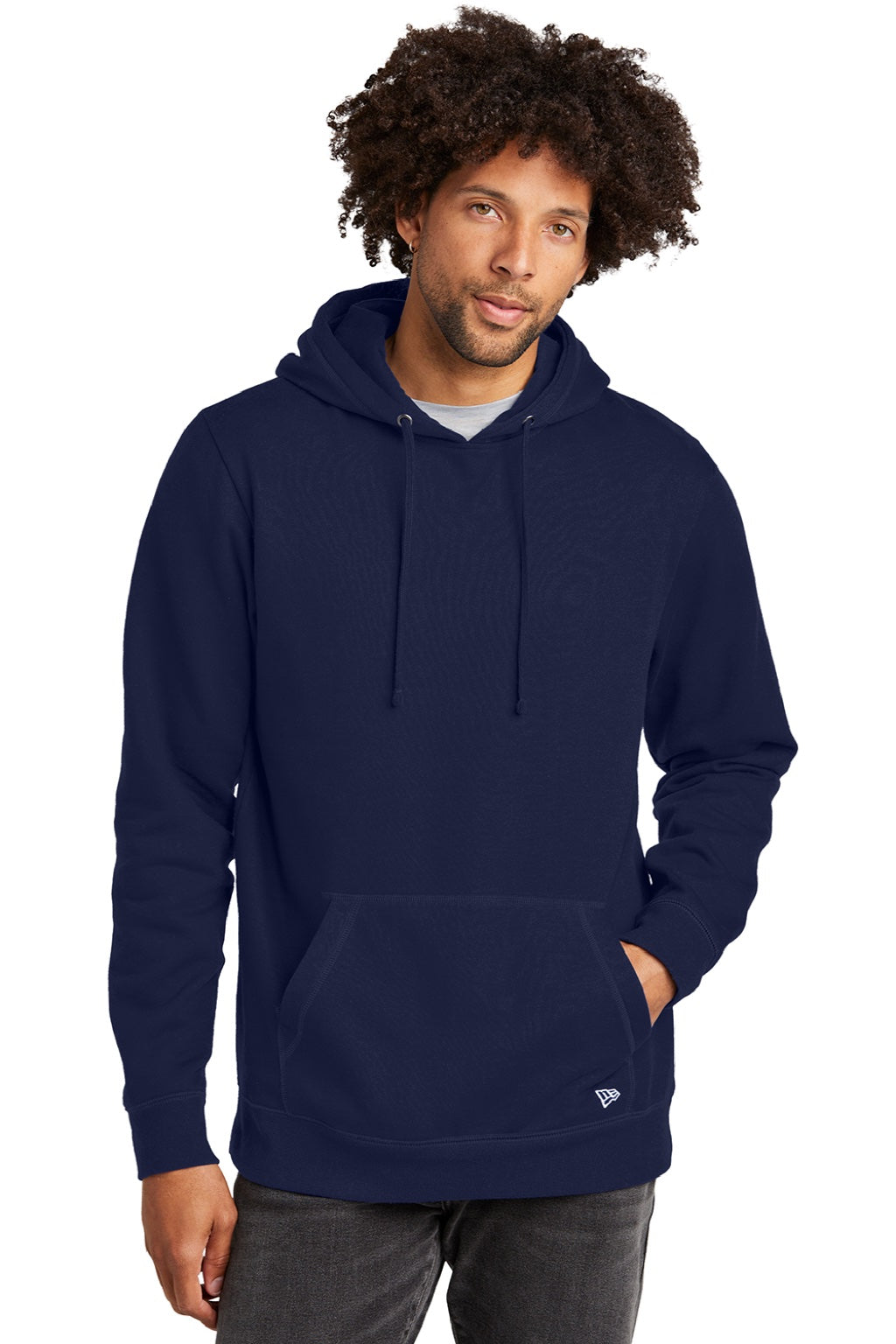 New Era NEA550 Mens Comeback Fleece Hooded Sweatshirt Hoodie w/ Pouch Pocket True Navy Blue Model Front