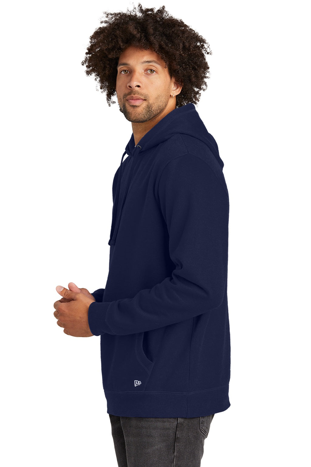New Era NEA550 Mens Comeback Fleece Hooded Sweatshirt Hoodie w/ Pouch Pocket True Navy Blue Model Side