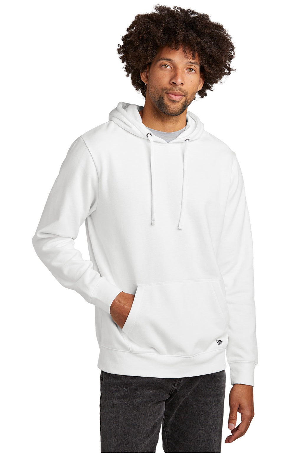 New Era NEA550 Mens Comeback Fleece Hooded Sweatshirt Hoodie w/ Pouch Pocket White Model Front