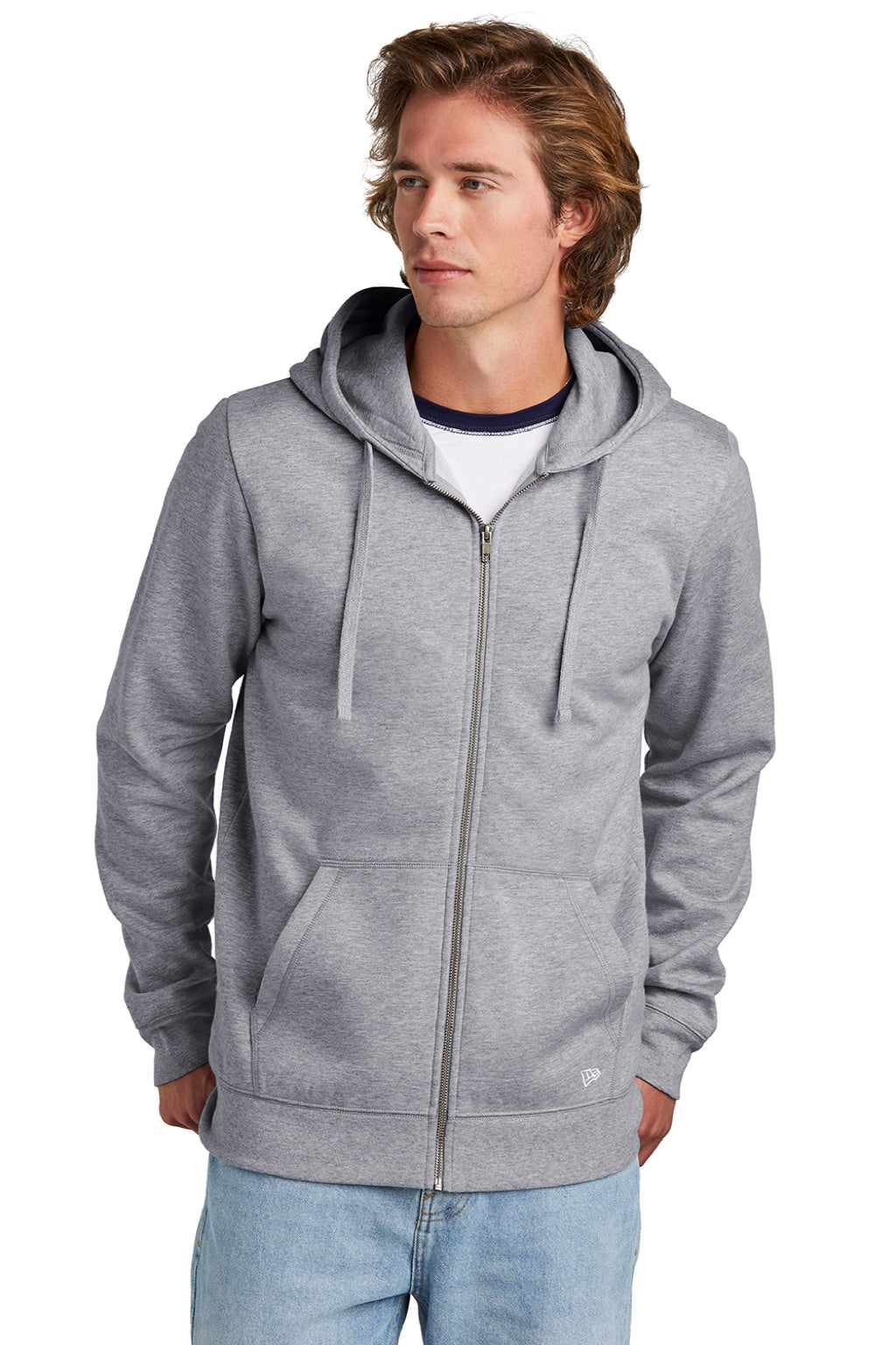New Era NEA551 Mens Comeback Fleece Full Zip Hooded Sweatshirt Hoodie w/ Pockets Heather Grey Model Front