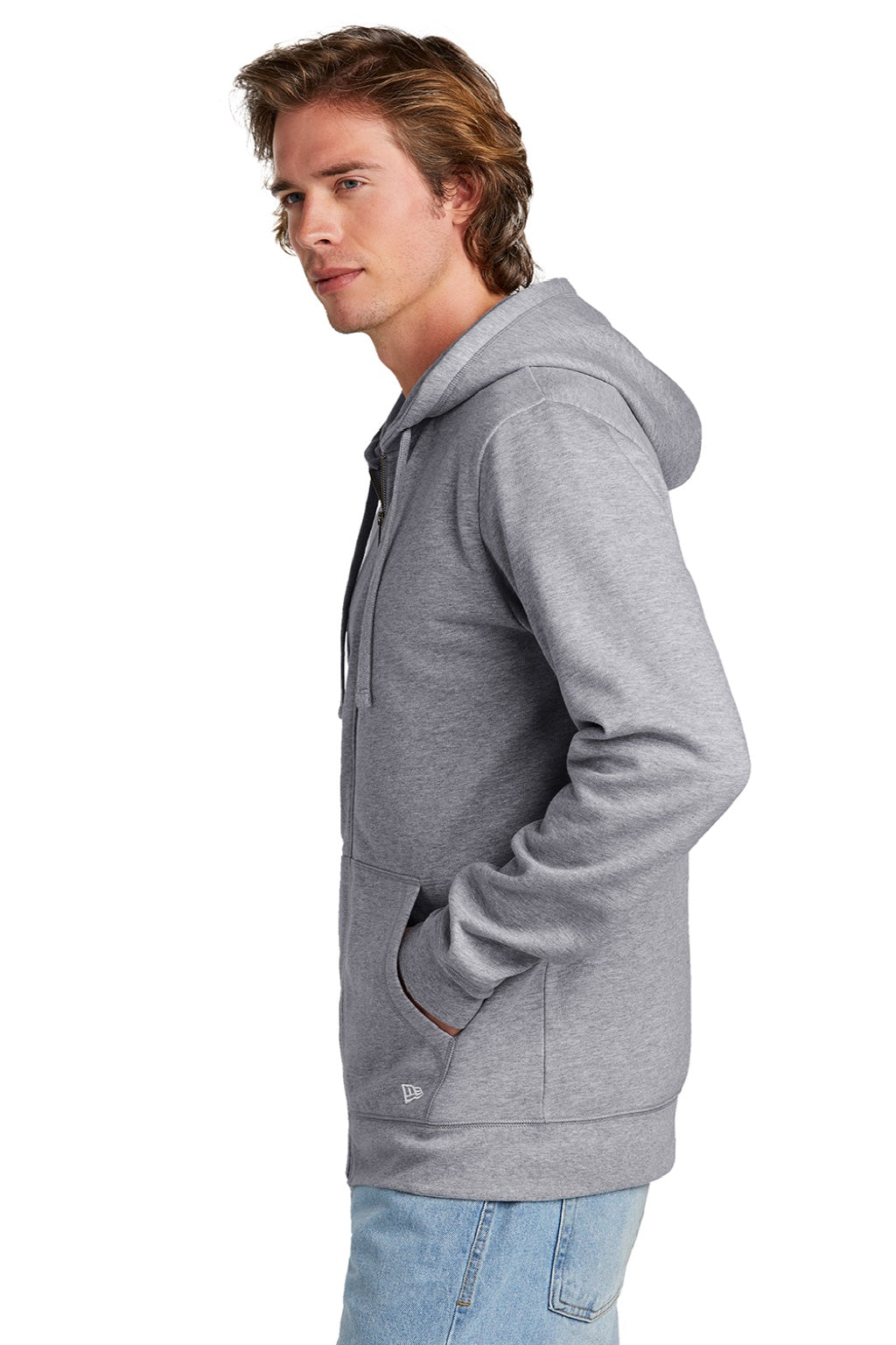 New Era NEA551 Mens Comeback Fleece Full Zip Hooded Sweatshirt Hoodie w/ Pockets Heather Grey Model Side