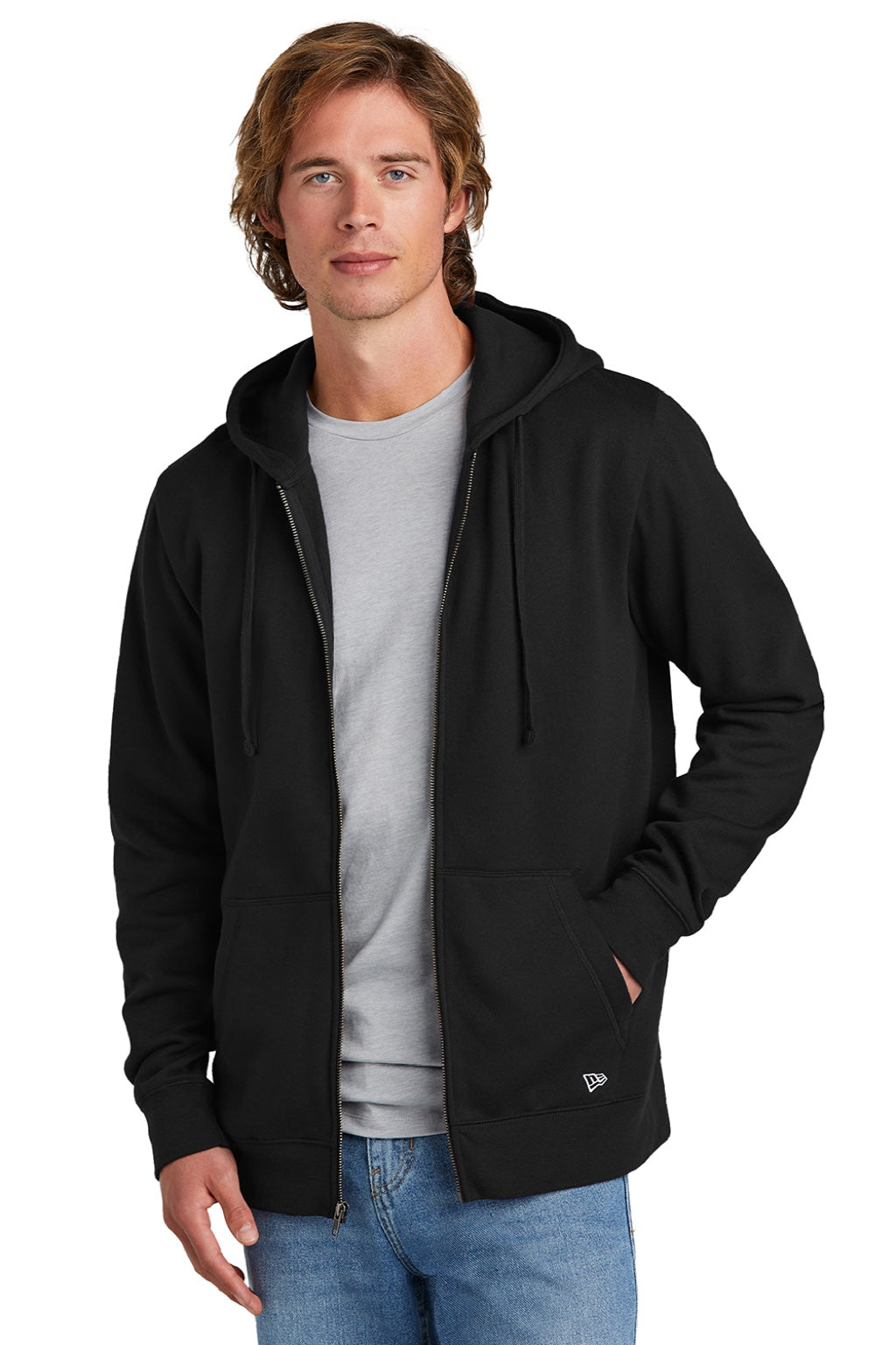 New Era NEA551 Mens Comeback Fleece Full Zip Hooded Sweatshirt Hoodie w/ Pockets Black Model Front