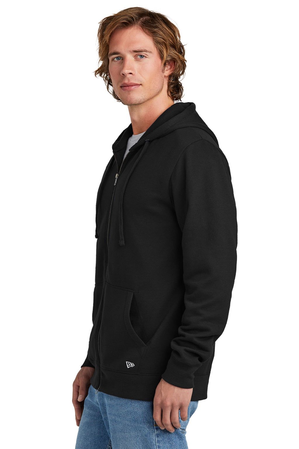 New Era NEA551 Mens Comeback Fleece Full Zip Hooded Sweatshirt Hoodie w/ Pockets Black Model Side