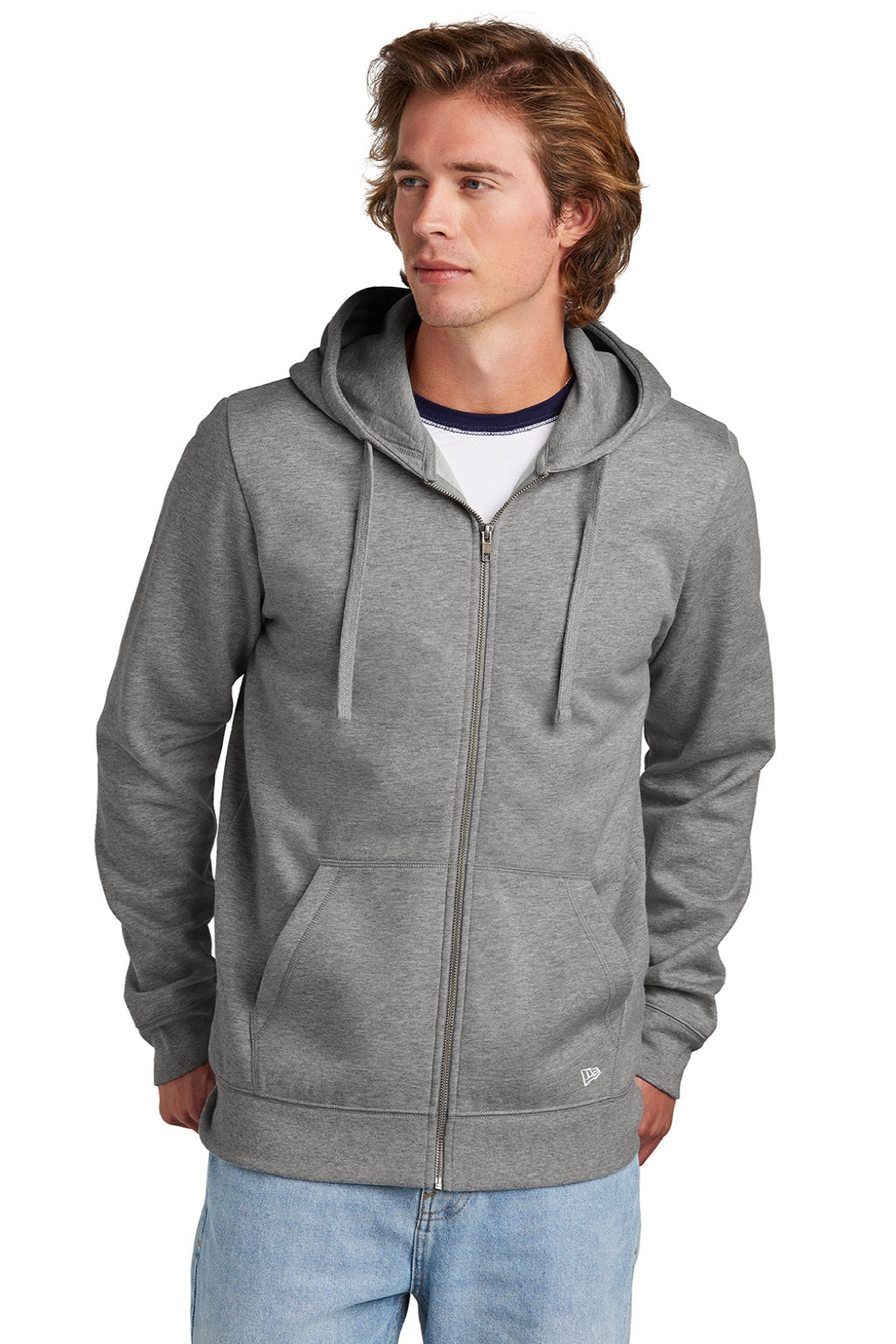 New Era NEA551 Mens Comeback Fleece Full Zip Hooded Sweatshirt Hoodie w/ Pockets Heather Dark Grey Model Front