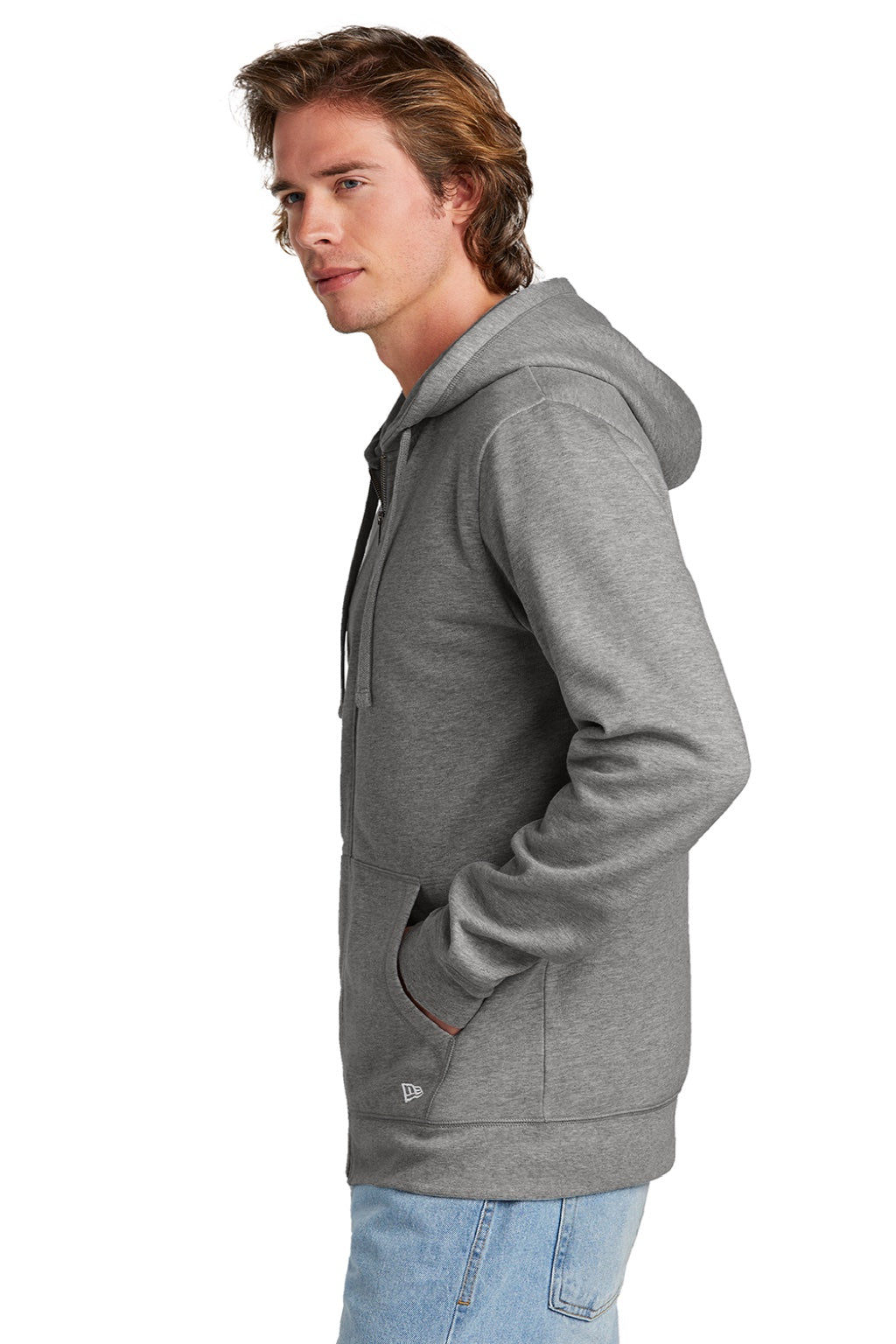 New Era NEA551 Mens Comeback Fleece Full Zip Hooded Sweatshirt Hoodie w/ Pockets Heather Dark Grey Model Side