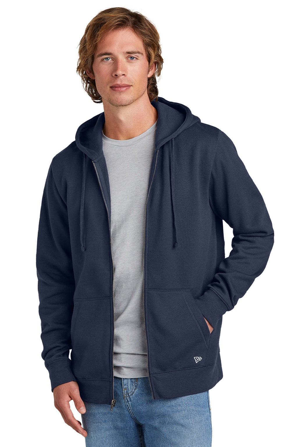 New Era NEA551 Mens Comeback Fleece Full Zip Hooded Sweatshirt Hoodie w/ Pockets True Navy Blue Model Front