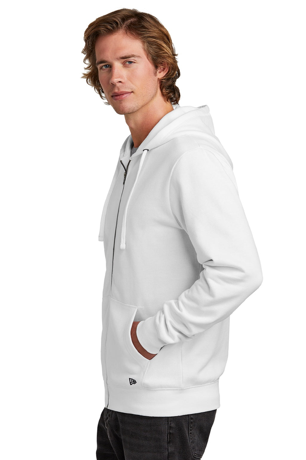 New Era NEA551 Mens Comeback Fleece Full Zip Hooded Sweatshirt Hoodie w/ Pockets White Model Side