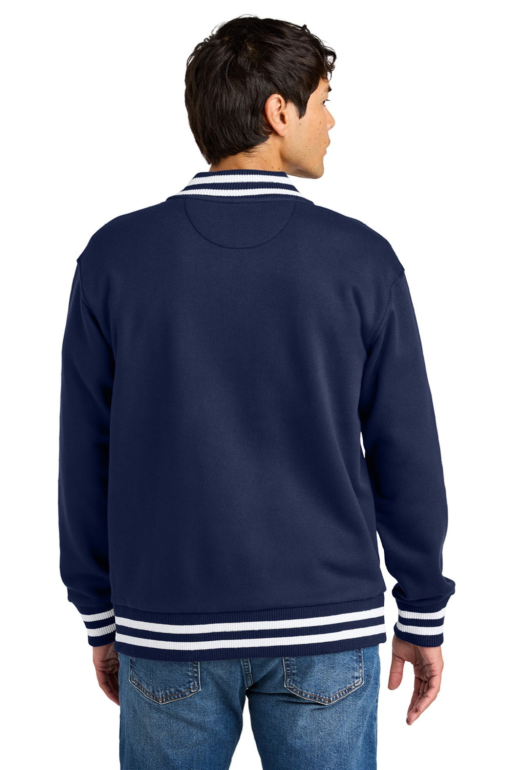 New Era NEA560 Mens Varsity Heavyweight Fleece Snap Down Jacket True Navy Blue Model Back