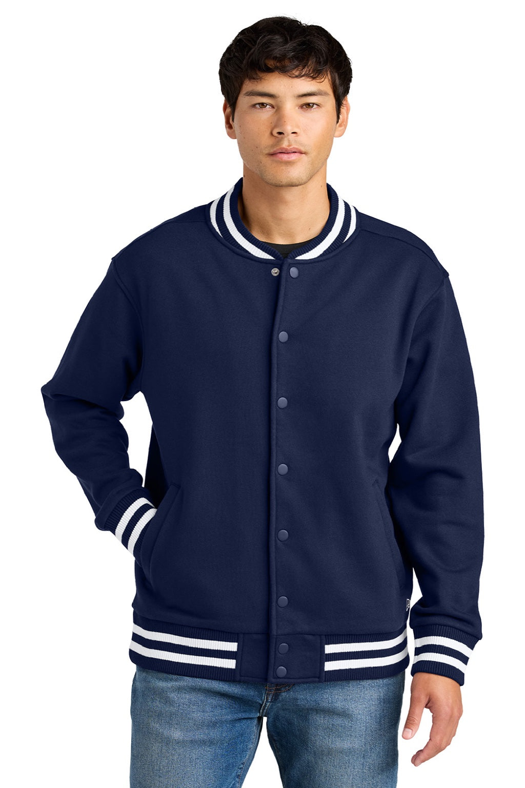 New Era NEA560 Mens Varsity Heavyweight Fleece Snap Down Jacket True Navy Blue Model Front
