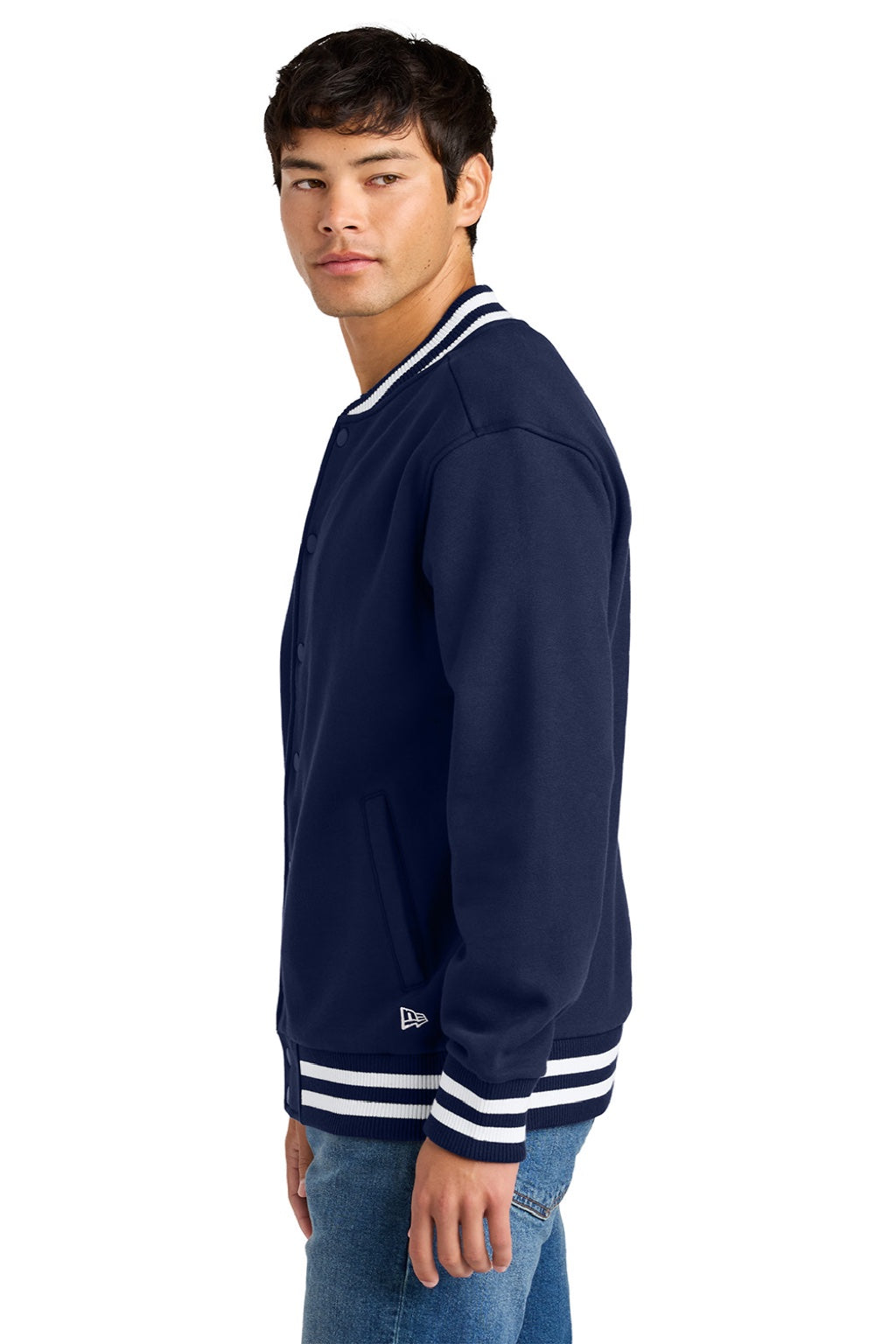 New Era NEA560 Mens Varsity Heavyweight Fleece Snap Down Jacket True Navy Blue Model Side