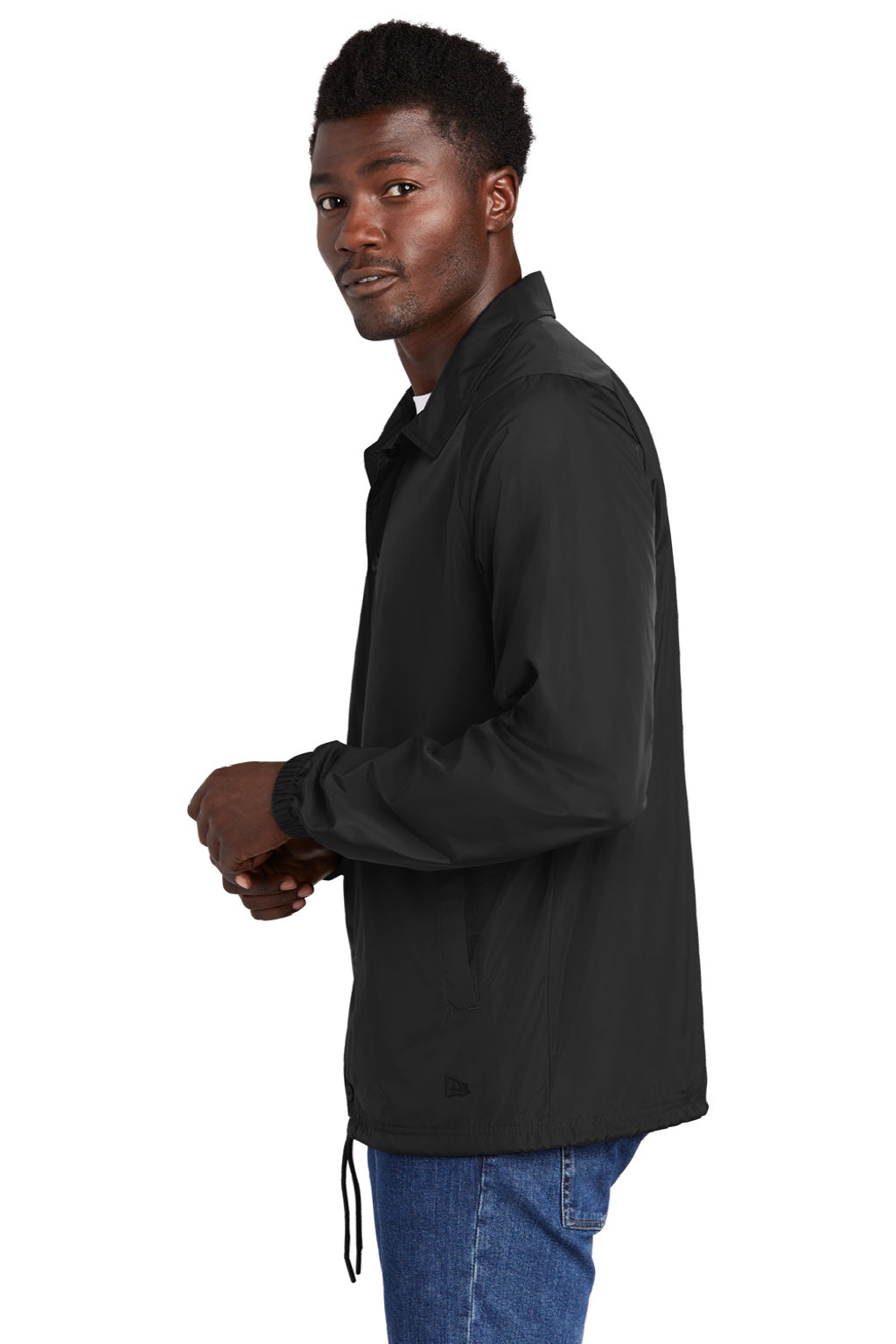 New Era NEA601 Mens Water Resistant Snap Down Coach's Jacket Black Model Side