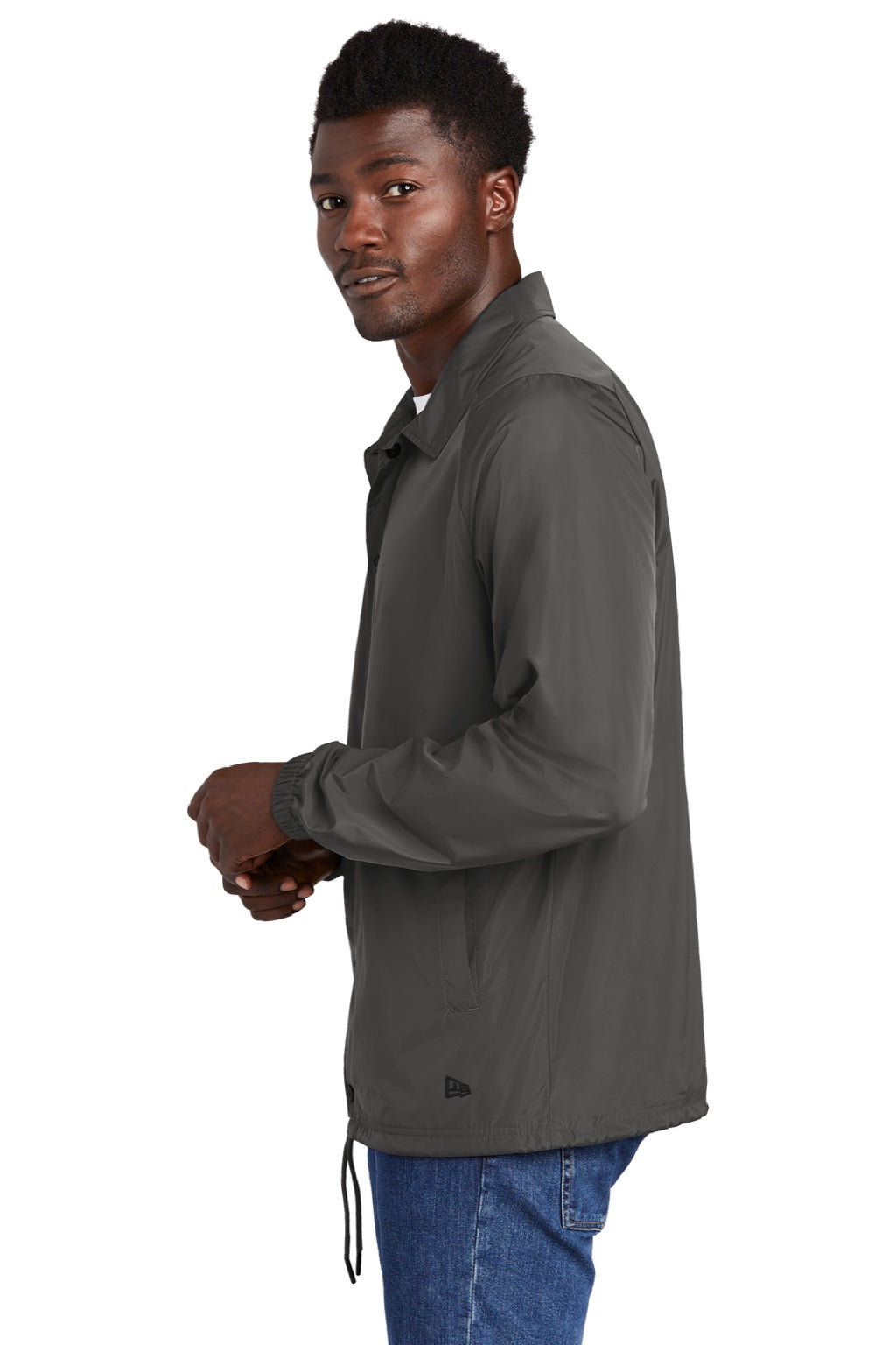 New Era NEA601 Mens Water Resistant Snap Down Coach's Jacket Graphite Grey Model Side