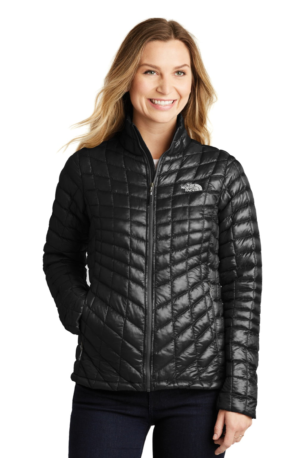 The North Face NF0A3LHK Womens ThermoBall Trekker Water Resistant Full Zip Jacket Matte Black Model Front
