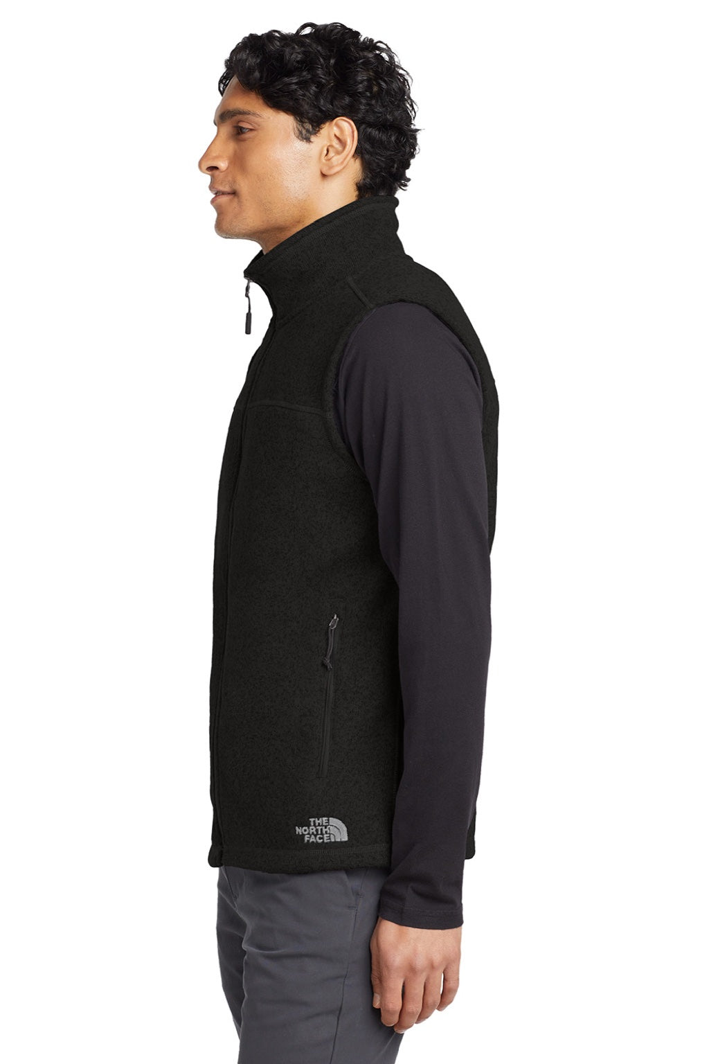 The North Face NF0A47FA Mens Sweater Fleece Full Zip Vest Heather Black Model Side