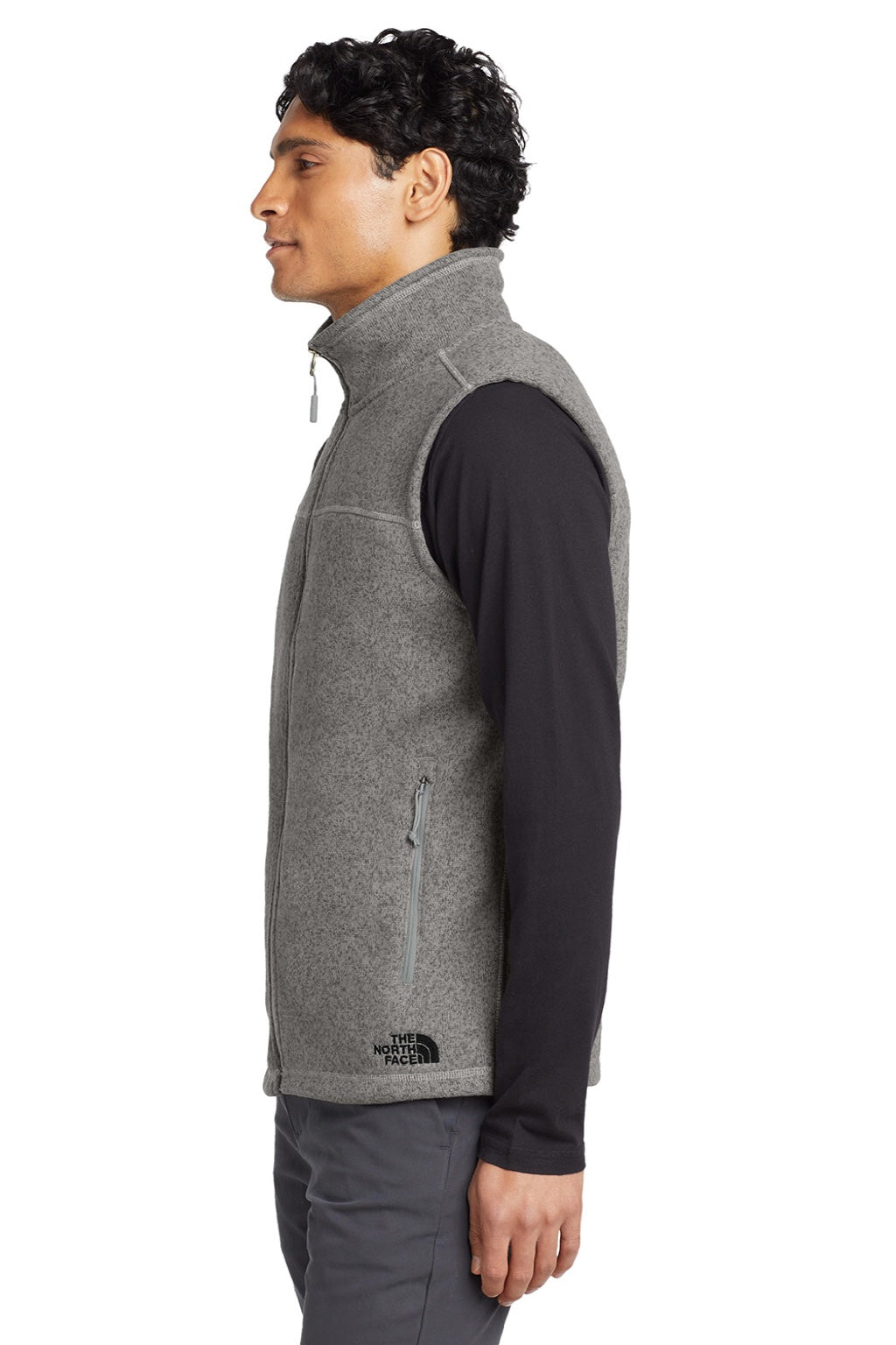 The North Face NF0A47FA Mens Sweater Fleece Full Zip Vest Heather Medium Grey Model Side