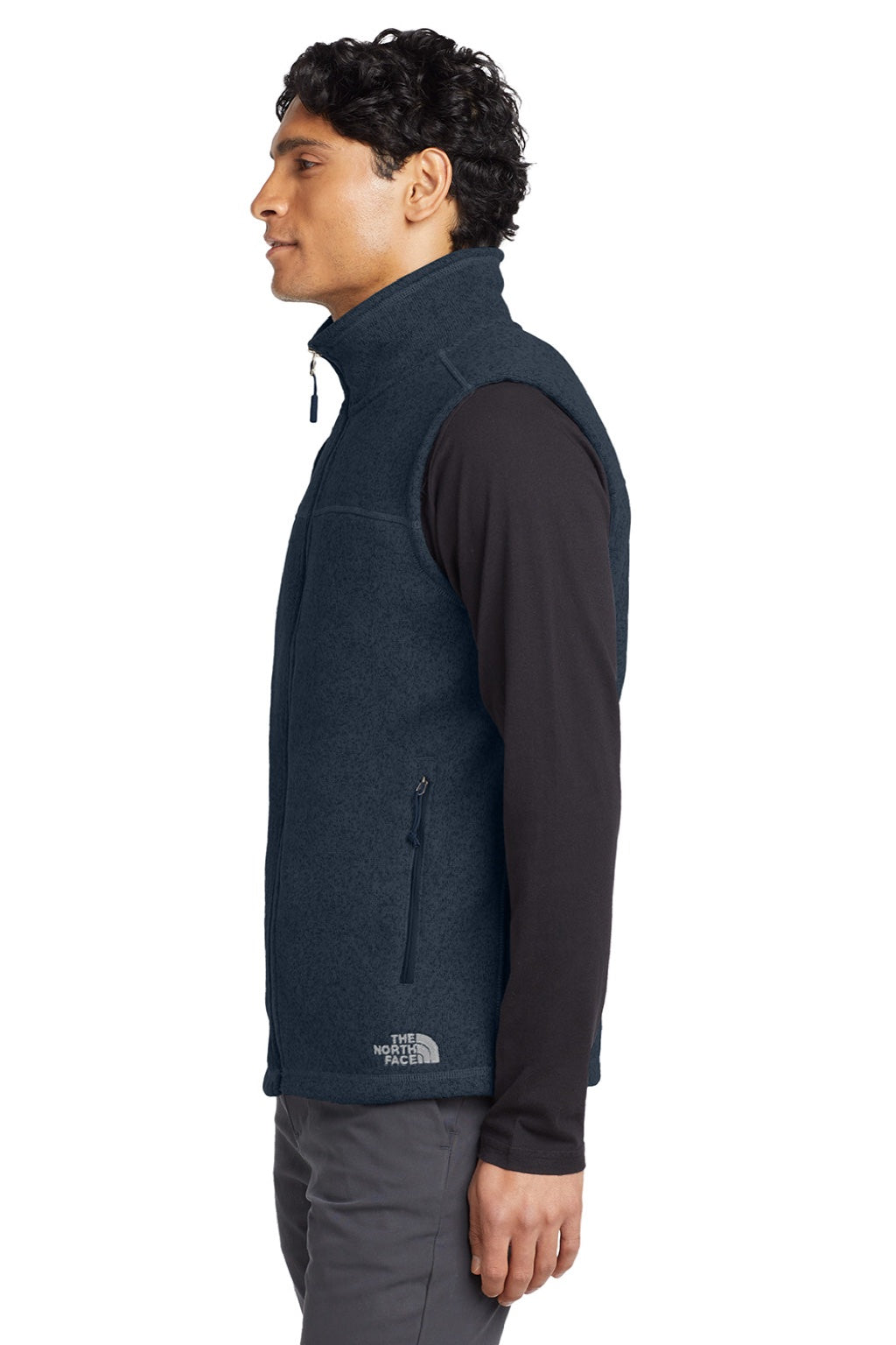 The North Face NF0A47FA Mens Sweater Fleece Full Zip Vest Heather Urban Navy Blue Model Side