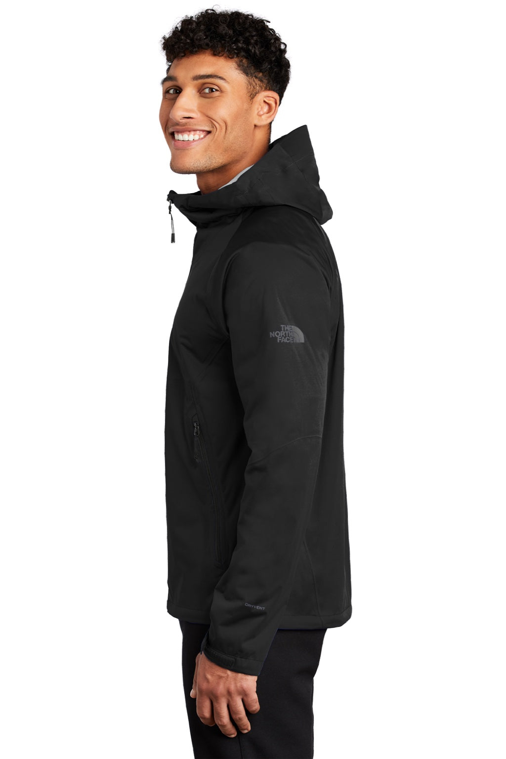 The North Face NF0A47FG Mens All Weather DryVent Windproof & Waterproof Full Zip Hooded Jacket Black Model Side