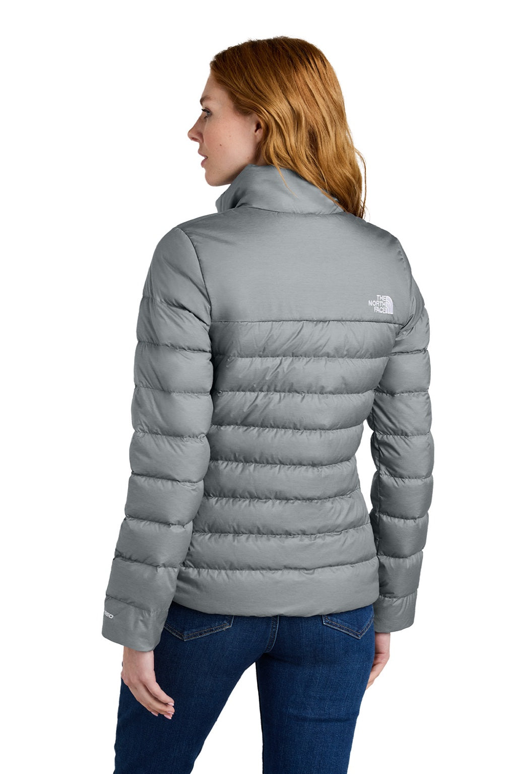 The North Face NF0A7V4G Womens Down Hybrid Water Resistant Full Zip Jacket Heather Medium Grey Model Back
