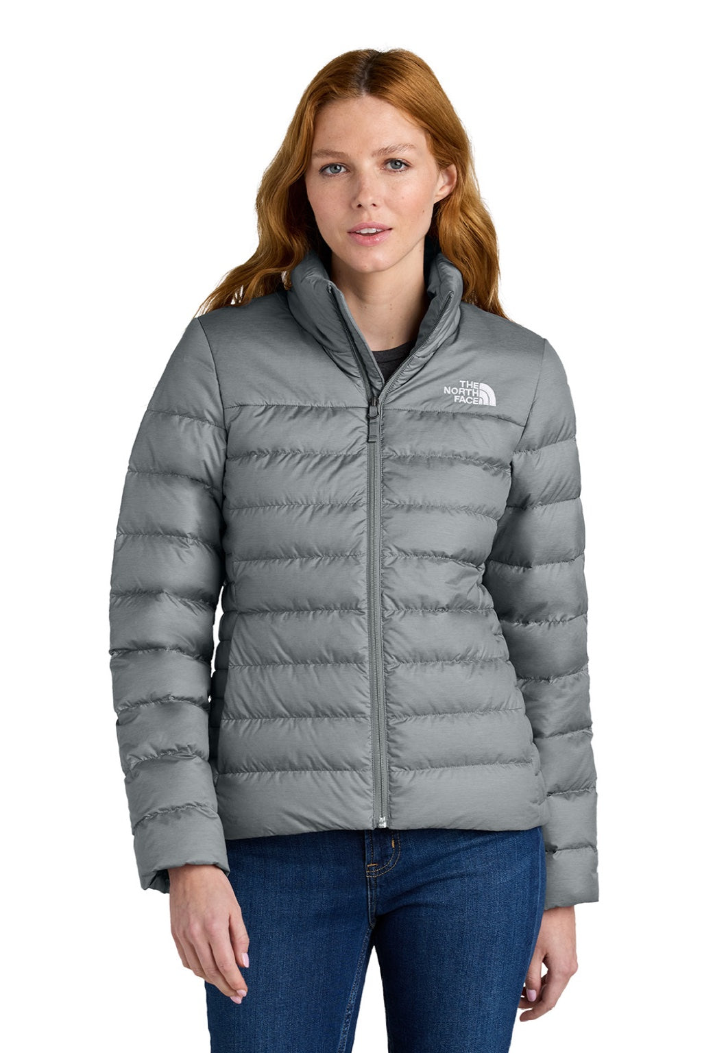 The North Face NF0A7V4G Womens Down Hybrid Water Resistant Full Zip Jacket Heather Medium Grey Model Front