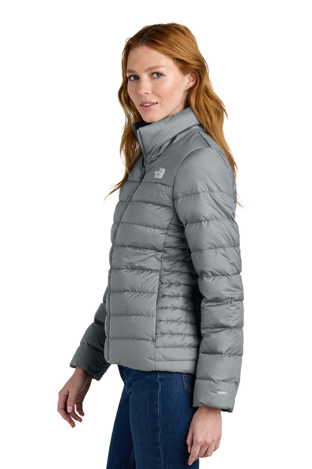The North Face NF0A7V4G Womens Down Hybrid Water Resistant Full Zip Jacket Heather Medium Grey Model Side